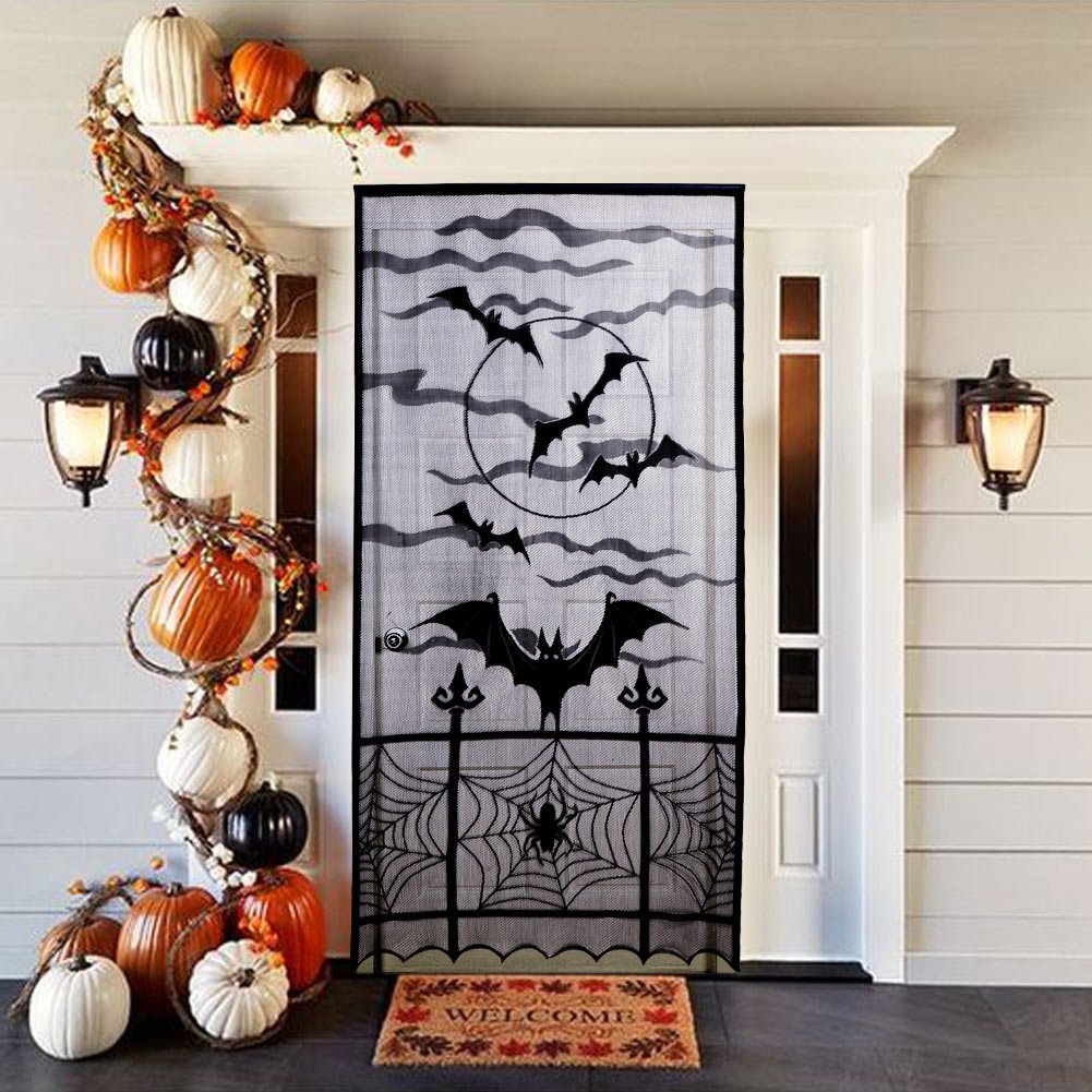 AerWo Halloween Curtains, 2PCS Spider Web Bats Curtains, Black Lace Door Curtain Panel Decor for Halloween Window Decorations, 40 x 84 Inch