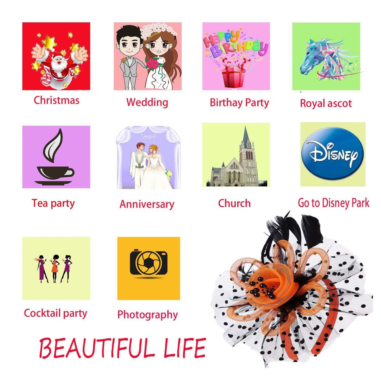 AGITATESAND Orange and Black LED Light up Fascinator Headwear Feather Mesh Tea Party Headband Halloween Fascinator Hats for Women Lighting Hairbands