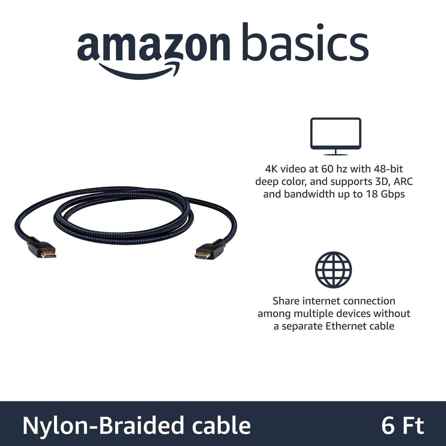 Amazon Basics HDMI Cable 6ft (5-Pack), 4K HDMI 2.0 Cord (18Gbps), Nylon-Braided, 4K@60Hz, 2160p, 48 bit, Compatible with TV/PS5/Xbox/Roku, Black & Blue