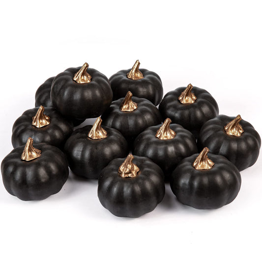 Whaline Artificial Pumpkins Bulk 12Pcs Vintage Pumpkin Harvest Lifelike Pumpkin Fake Foam Pumpkin for Fall Autumn Halloween Home Party Supply Thanksgiving Party House Kitchen Wedding Decor (Black)
