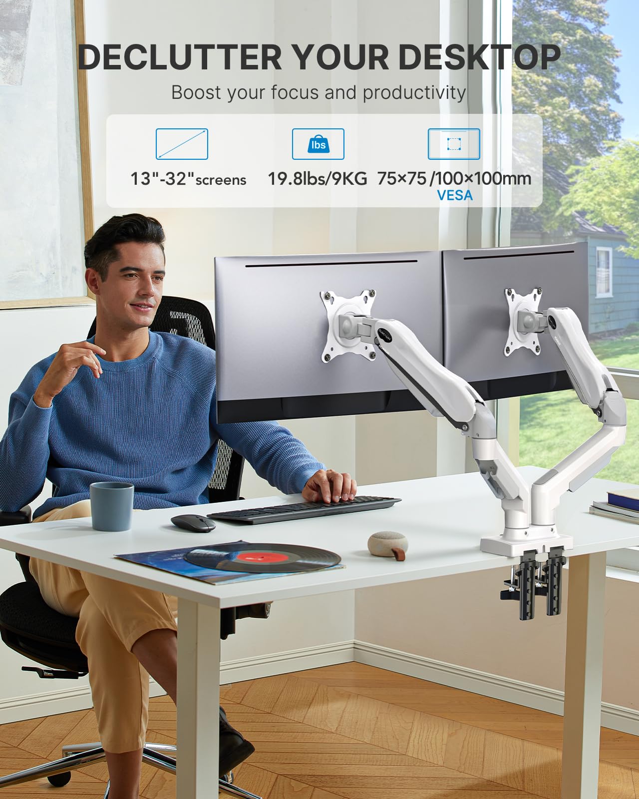 HUANUO Dual Monitor Stand - Full Adjustable Monitor Desk Mount Swivel Vesa Bracket with C Clamp, Grommet Mounting Base for 13 to 32 Inch Computer Screens - Each Arm Holds 4.4 to 19.8lbs - White