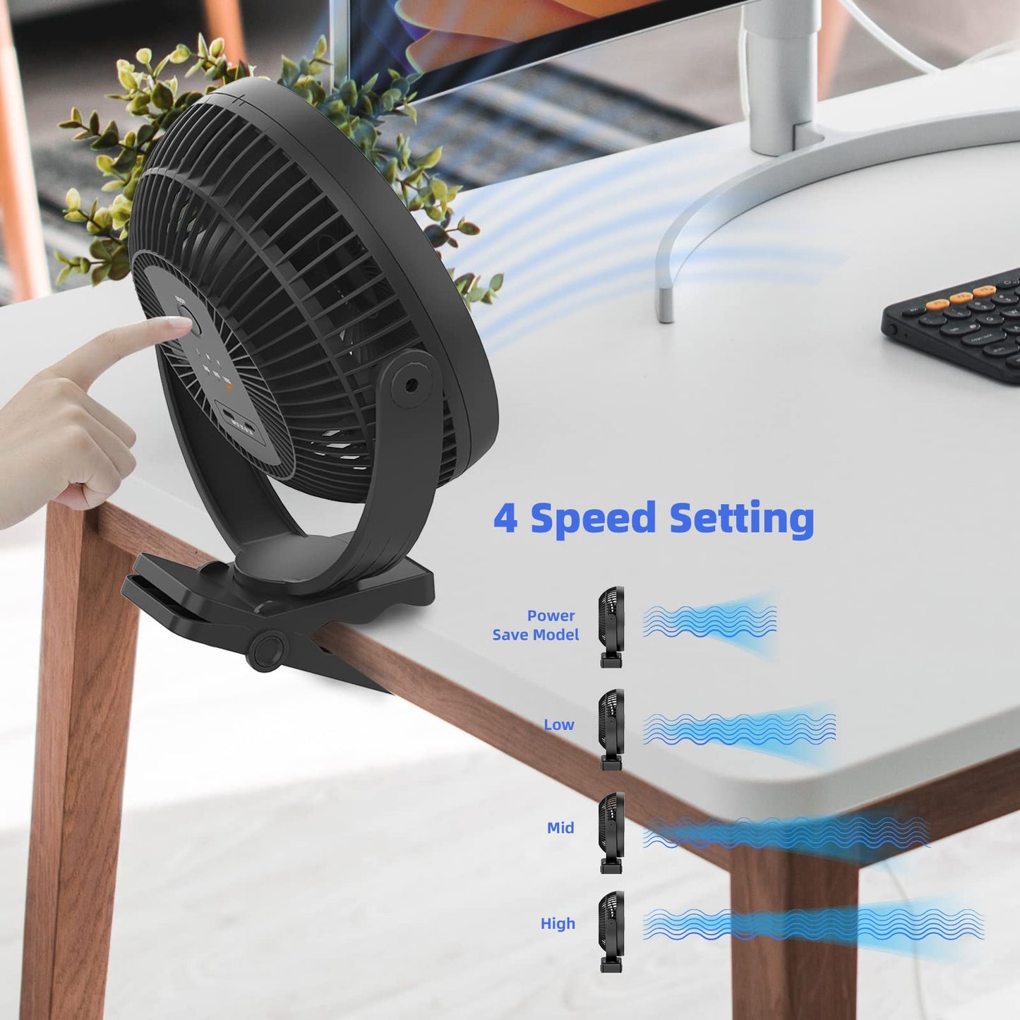 ATEngeus USB Desk Fan, Rechargeable Portable Fan, 8-Inch Clip on Fan, 10000mAh Stroller Fan, 4 Speeds Strong Airflow, 720° Rotation, with Sturdy Clamp, Suitable for home, office and stroller