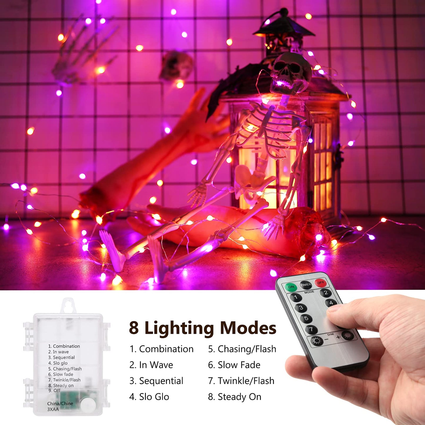 BrizLabs Purple & Orange Halloween Lights, 2 Pack 17.48ft 50 LED Halloween String Lights with Remote, 8 Modes Battery Purple & Orange Fairy Light Waterproof Twinkle Light for Outdoor Haunted Decor