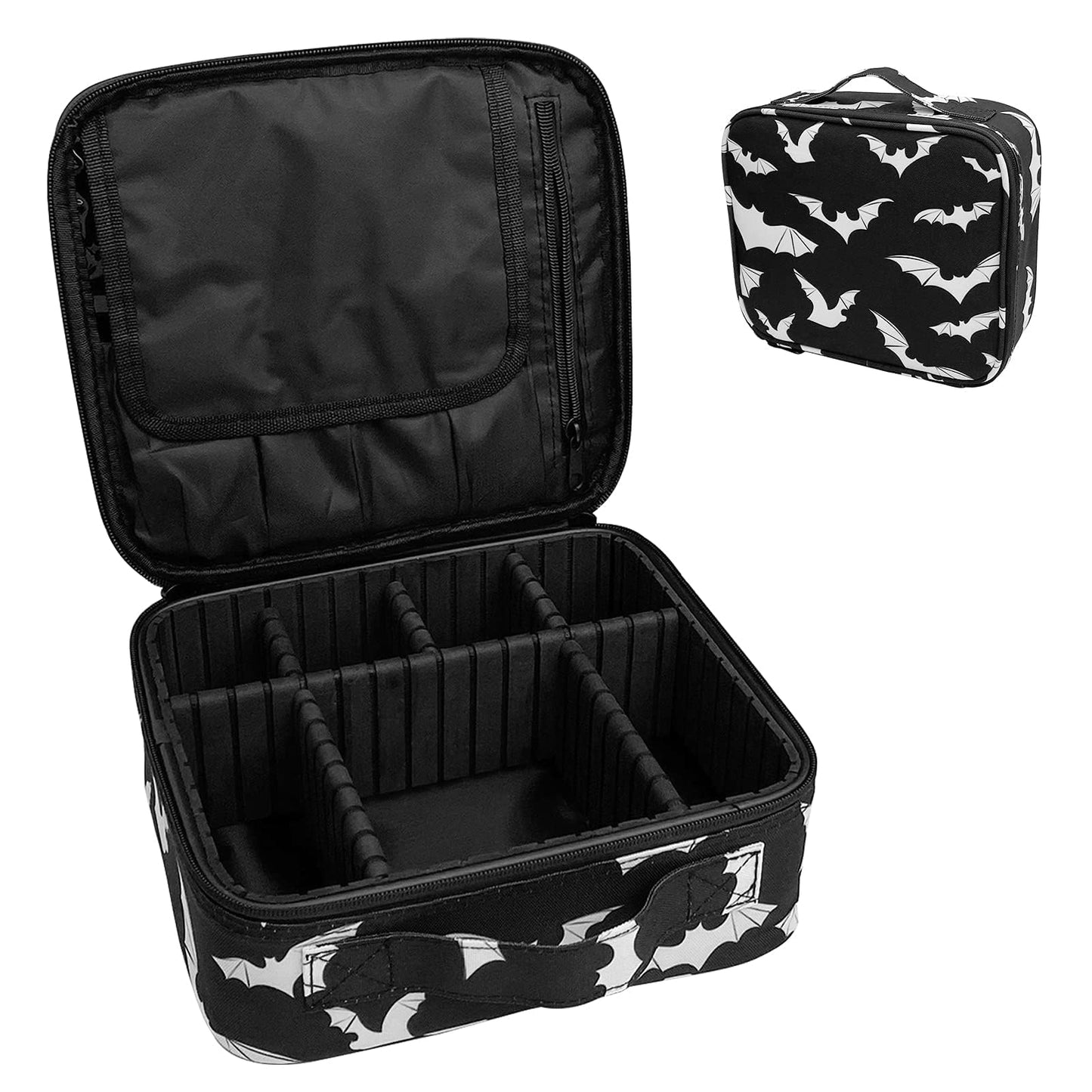 9CH Goth Makeup Organizer Bag, Halloween Makeup Bags Large Cosmetic Bag with Adjustable Dividers Portable Bat Cosmetic Case for Make up Brushes Toiletry Jewelry(Black Bats)