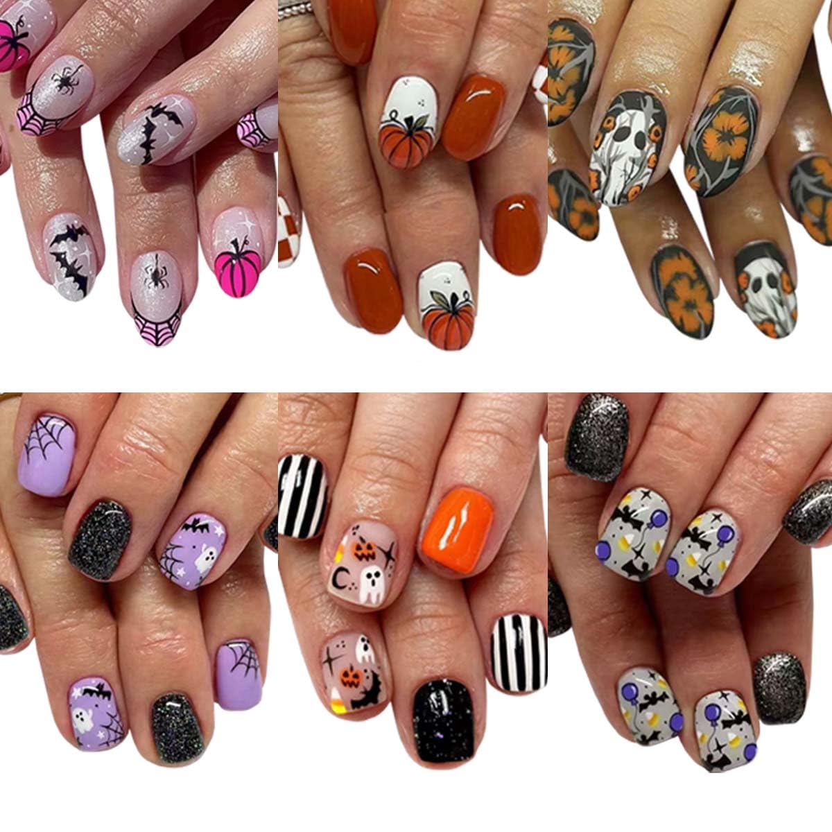 6 Packs (144 Pcs) Halloween Press on Nails Short Square, Almond Press on Nails, with Pumpkins Ghost Spider Web Design Stick on Fake Nails for Women - 12 Sizes, 6Styles