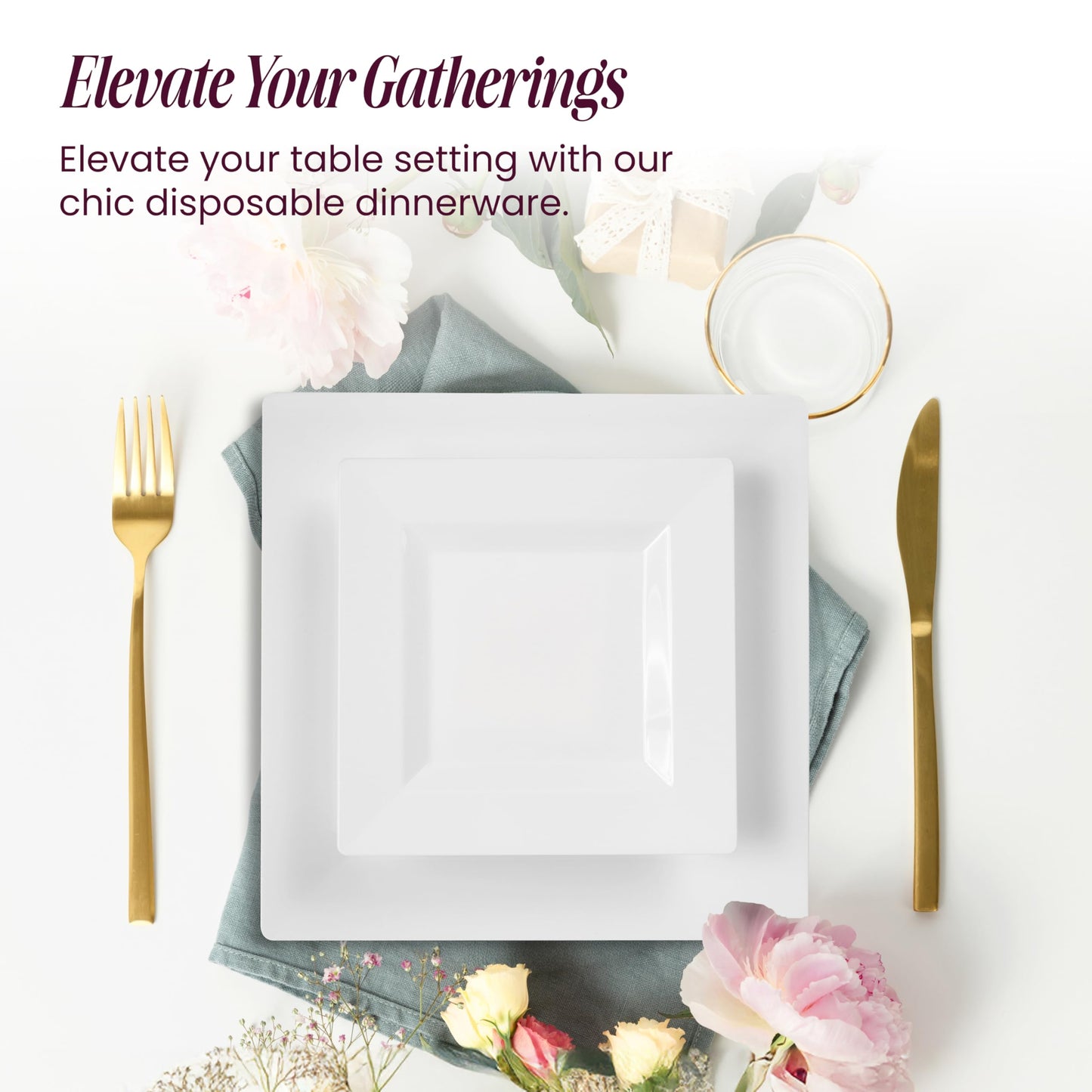 Aya's 60ct White Square Disposable Plates - Heavy Duty Plastic Party Plates for Christmas, Thanksgiving (30 Dinner & 30 Salad)