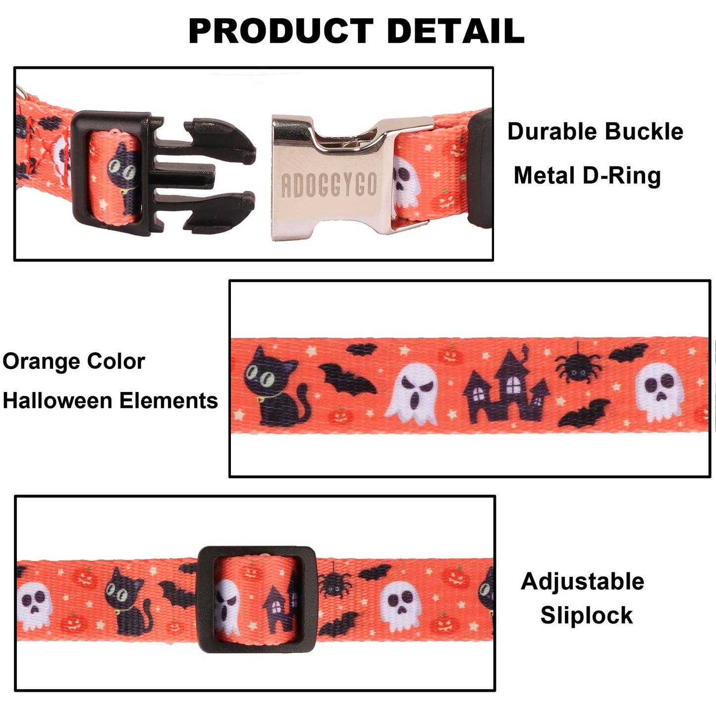 ADOGGYGO Halloween Dog Collar, Adjustable Orange Ghost Halloween Collars for Small Medium Large Dogs (Medium)