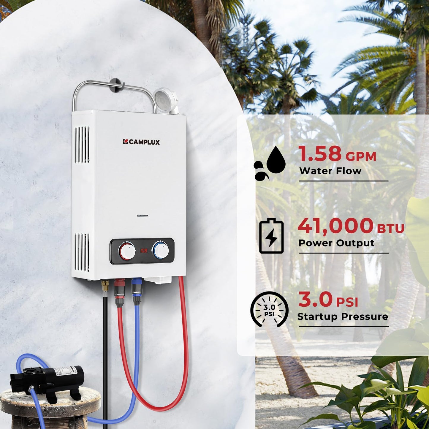 CAMPLUX 1.58 GPM Portable Tankless Water Heater with Water Pump Kit, Propane Water Heater Outdoor with 1.2 GPM Pump, 41,000 BTU, BD158P43