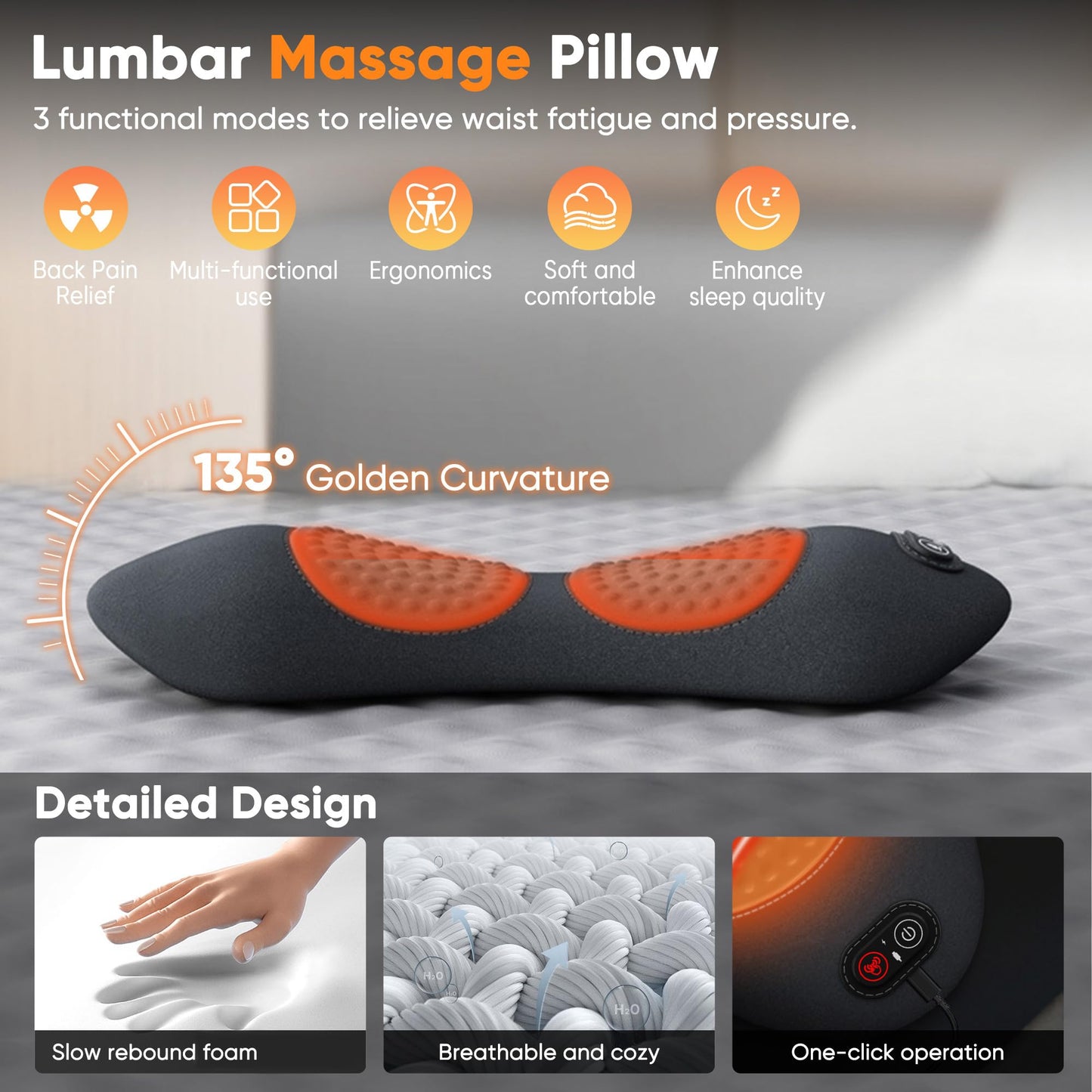 3 in 1 Electric Lumbar Support Pillow with Adjustable Height for Bed and Chair,Back Massager with Heat,Back Support Pillow for Lower Back Pain Relief,Waist Wedge Bolster (Black)