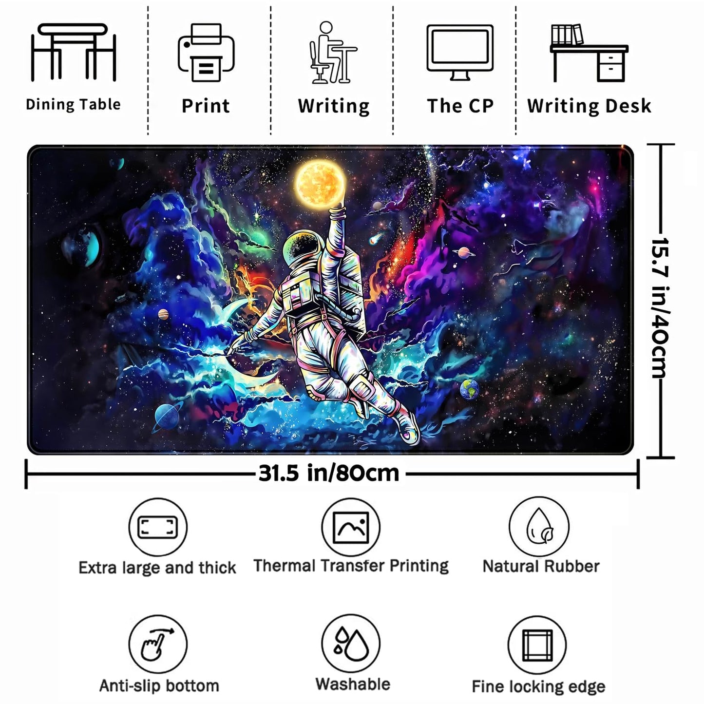 Astronaut Desk Space Mouse Pad for Boys - Galaxy Gaming Mouse Pad, 31.5x15.7in, Stitched Edges