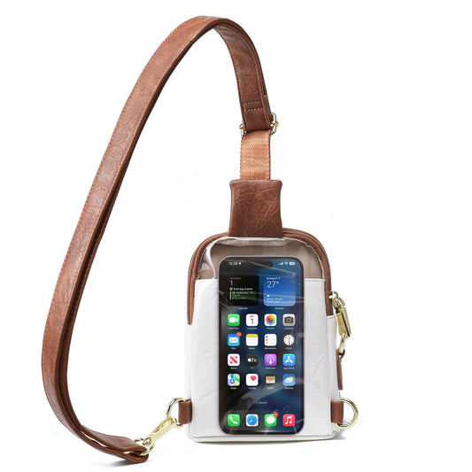 INICAT Sling Bag for Women Touchscreen Small Crossbody Cell Phone Purse Fanny Pack(White Brown Anti Theft Small)