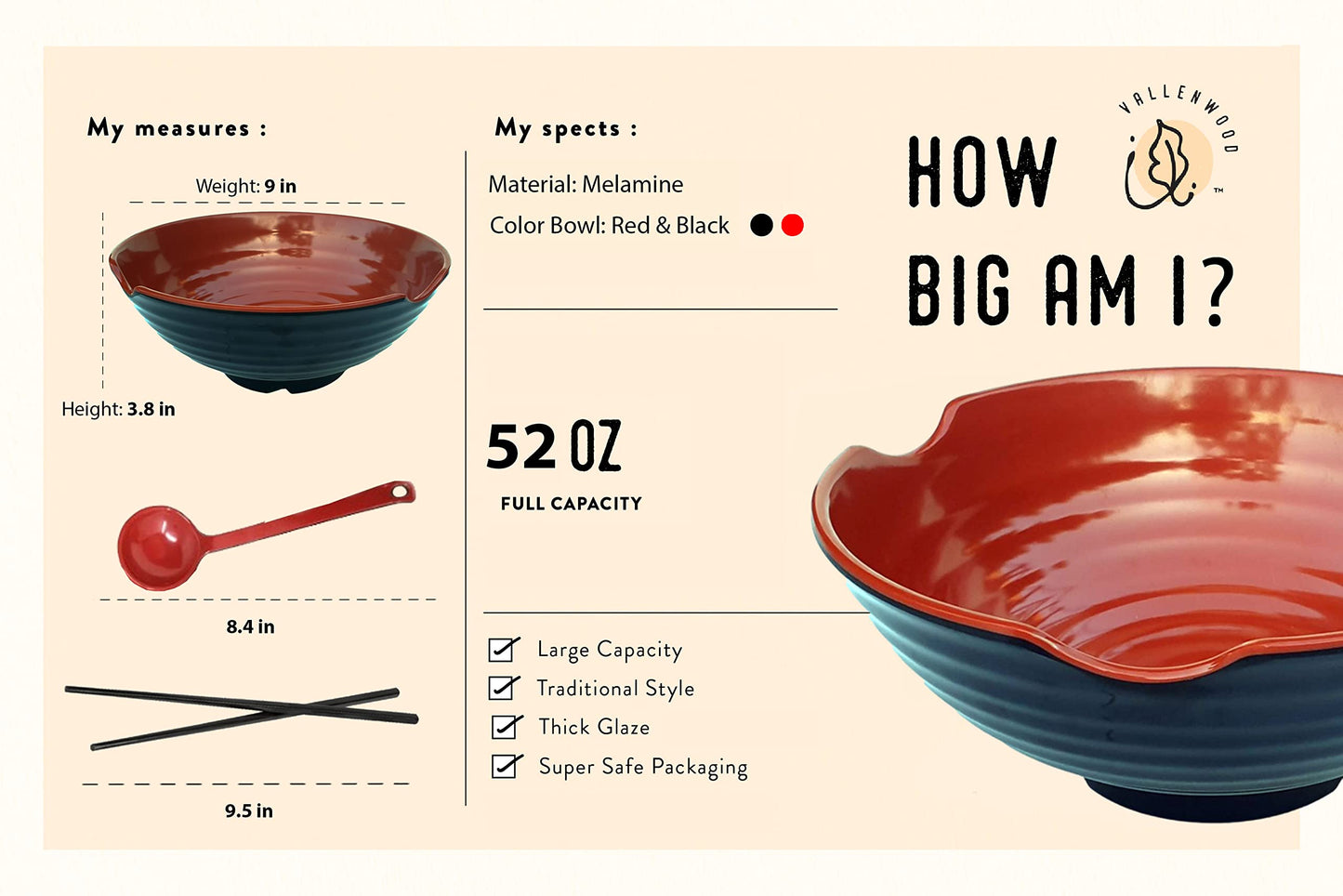 4 XL Ramen bowl set. 12 Pieces Pho Bowls. Asian Japanese soup. Utensil: Spoons and Chopsticks kit. Melamine, Large 52 oz. Noodles, Rice, Udon, Thai, Chinese, Korean, Udon, Wonton, Miso, 9 inch