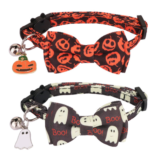 ADOGGYGO Halloween Cat Collar with Bowtie Bell, 2 Pack Halloween Kitten Collar with Removable Bow, Pumpkin Ghost Holiday Collars for Cat Kitten