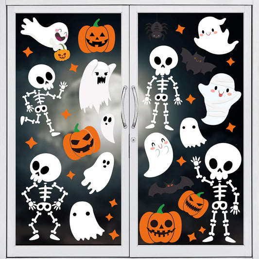 Whaline 9 Sheet Halloween Window Clings Cute Cartoon Ghost Pumpkin Skeleton Reusable Window Decals for Home Classroom Office Haunted Party Decor