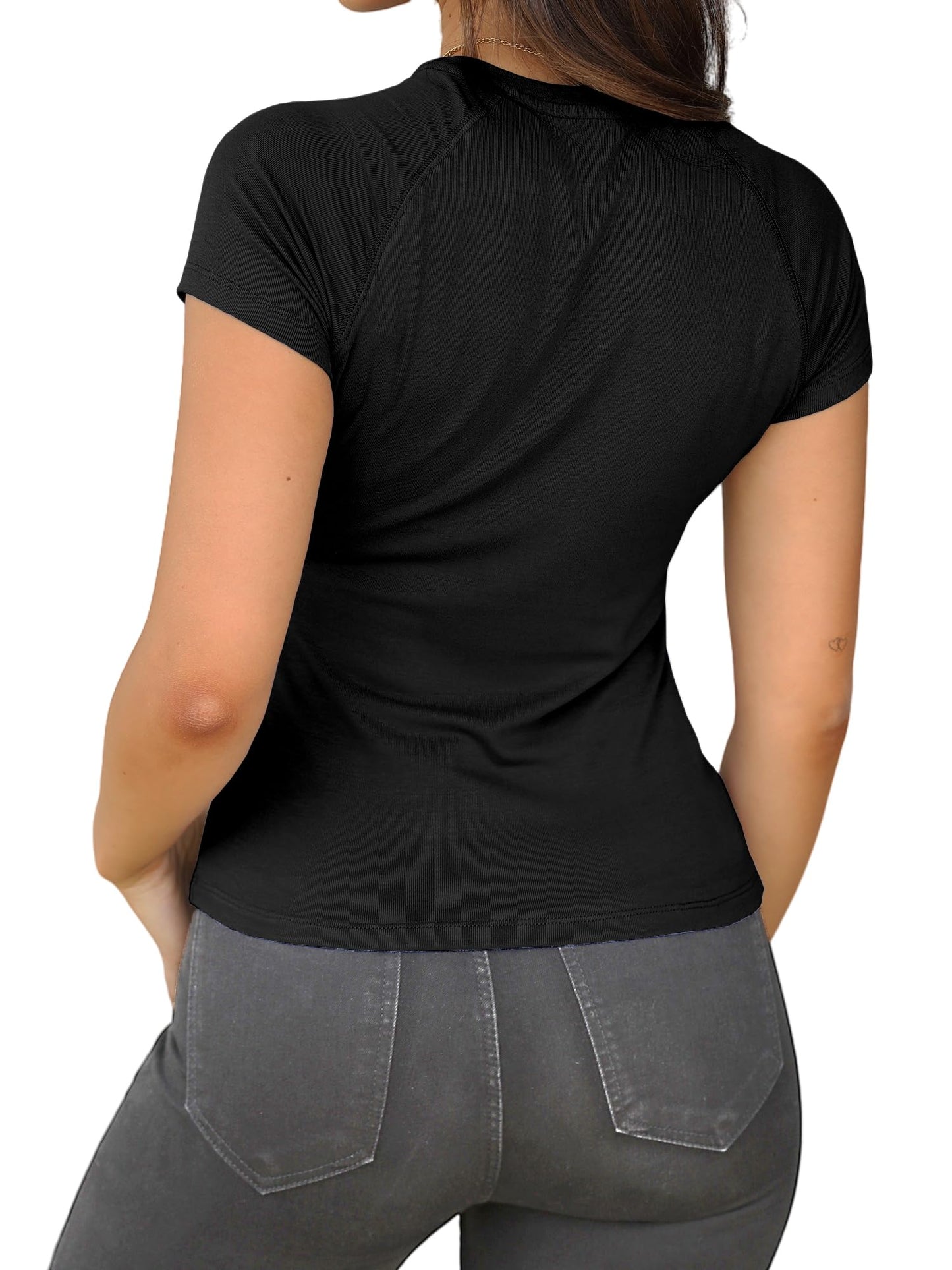Abardsion 2025 Women Casual Activewear T Shirts Basic Crewneck Raglan Short Sleeve Slim Fit Going Out Tops(Black, S)