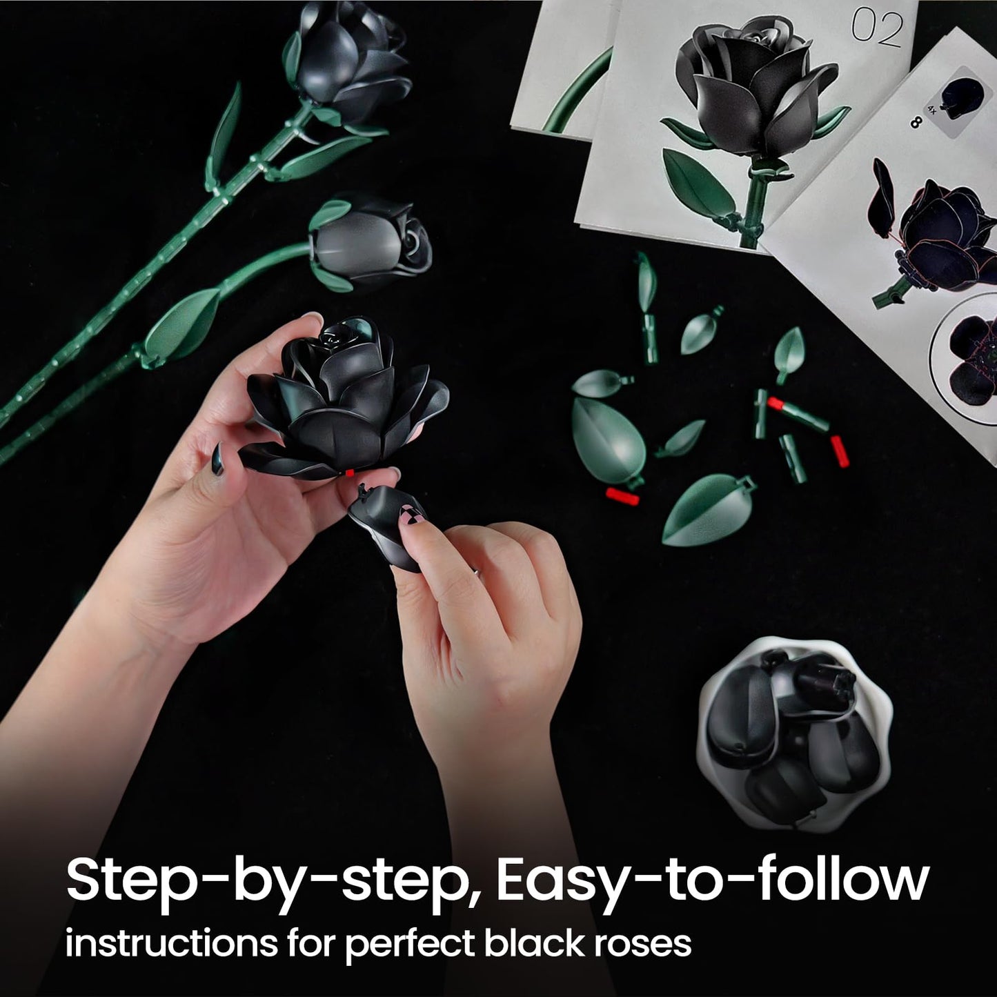 iATOM Black Roses Flower Building Set - 3Pack, Compatible with Lego Bouquet for Adults, Gift for Halloween - Gothic Horror Retro Artificial Flowers Botanical Collection Home Decor - IA11009