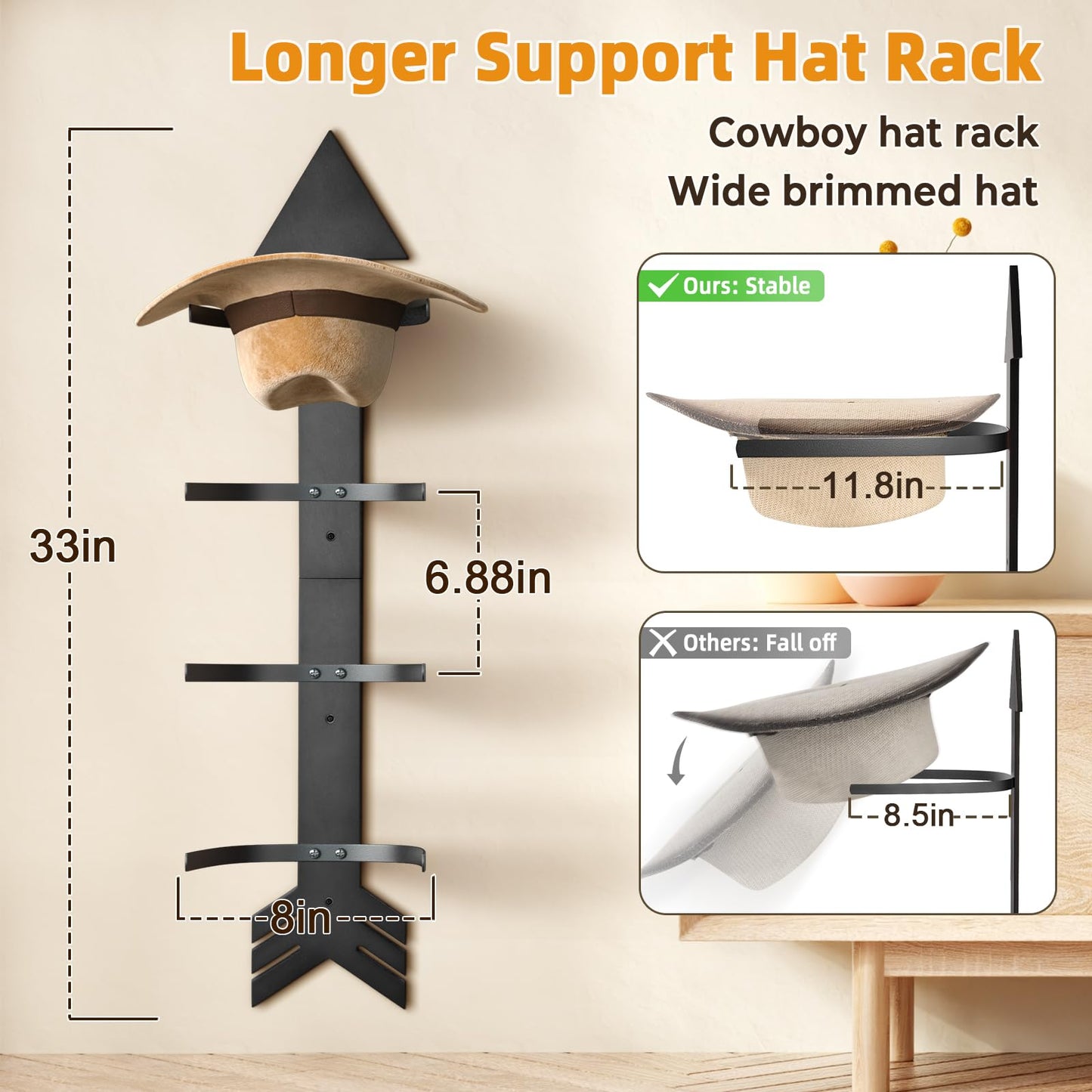 HYDERMUS Hat Organizer for 10 Baseball Caps and 3 Cowboy Hat Cowboy Hat Rack for Wall with Solid Wood Arrow Hat Storage Cowgirl Hat Hanger Closet Storage and Organizer Black