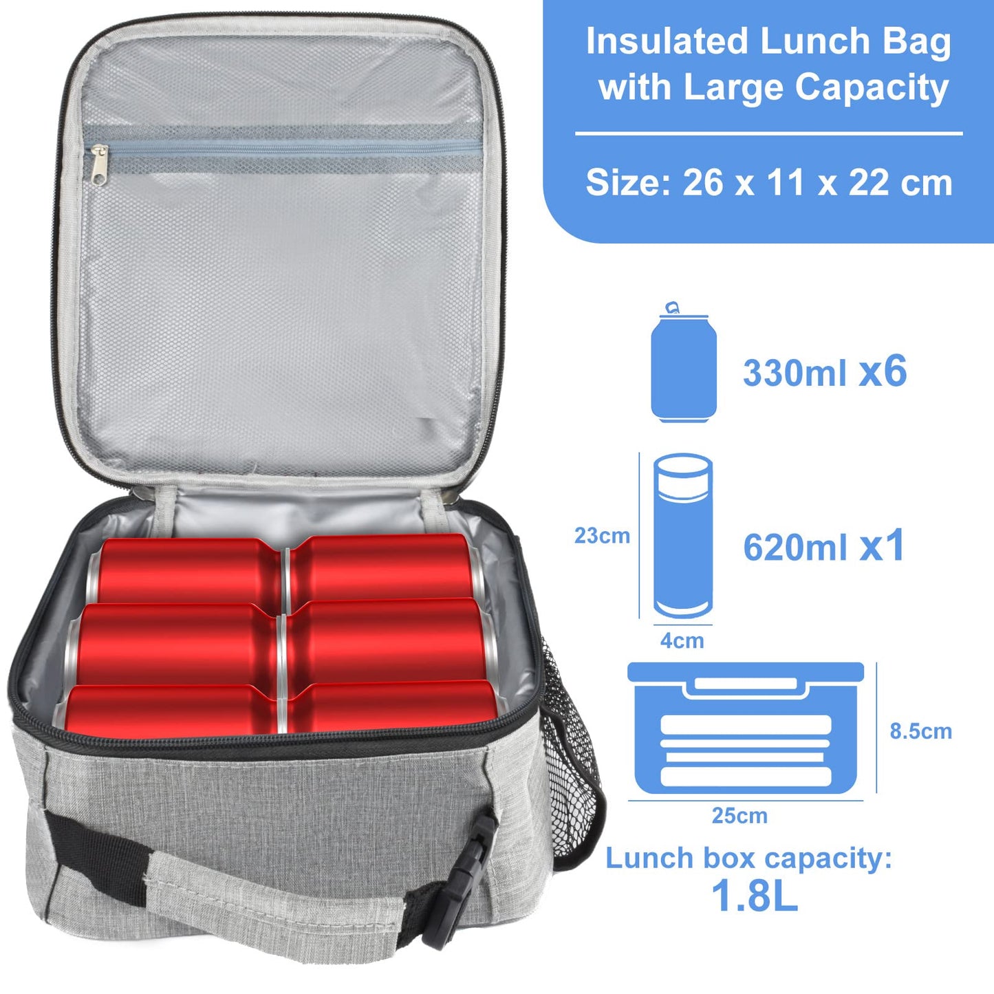 IWTTWY Insulated Lunch Bag, Leakproof Portable Lunch Box for Women Men Boys Girls, Large Capacity Cooler Bag with Handle and Bottle Pocket for Office School Camping Hiking Outdoor Beach Picnic (Grey)
