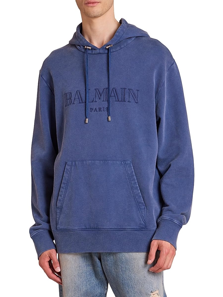 Balmain, Embroidered Logo Cotton Hoodie, Medium, Blueblue