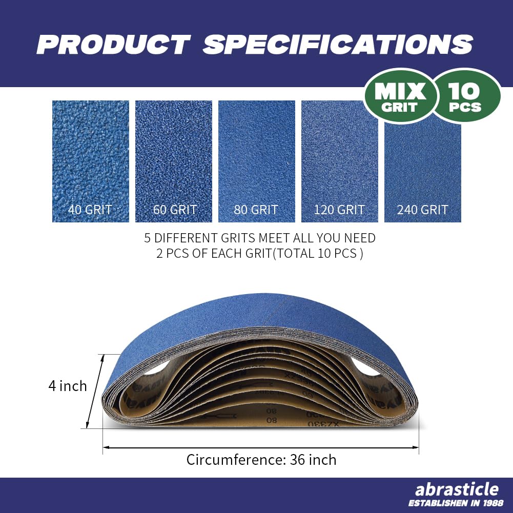 4" x 36" Zirconia Sanding Belts for Metal - 4 x 36 Inch Zirconia Metal Grinding Sand Paper, 10 PCS 2 Each of 40/60/80/120/240 Assorted Grits, Perfect for Metal Polishing, Derusting, Woodworking