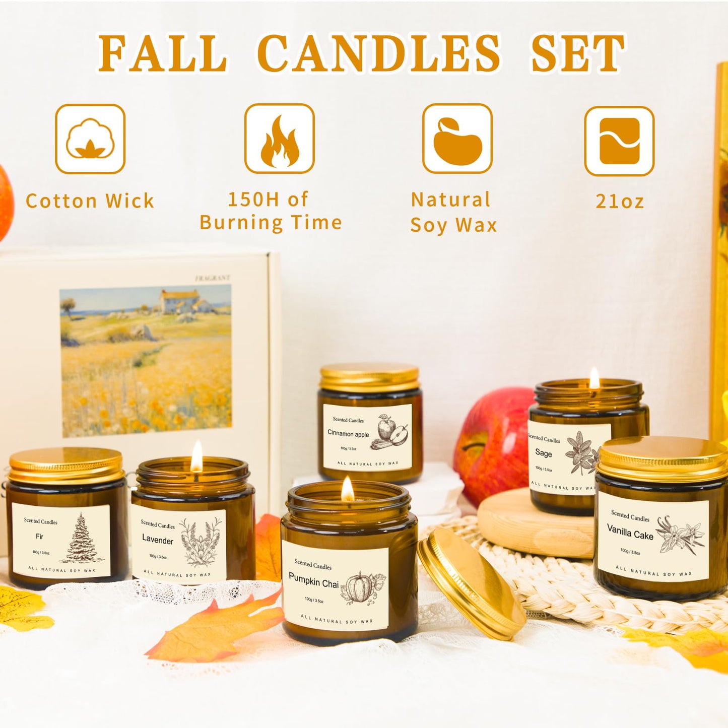 6 Pack Fall Candles Set,Scented Candles for Home, Aromatherapy Gifts for Women Men, Fall Winter Holiday Natural Soy Candles Set for Birthday, Mother's Valentines Day Gifts for Her