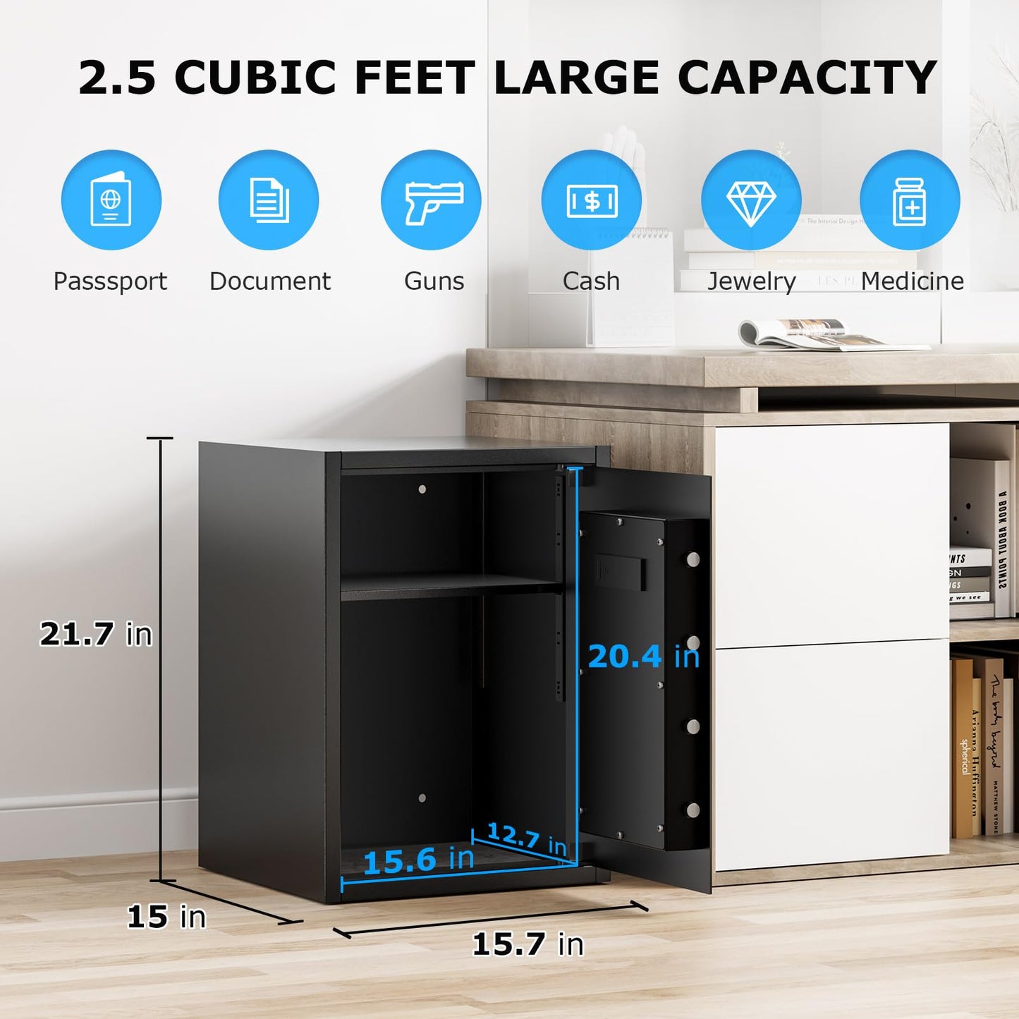 Bonsaii Large Safe Box with Fireproof Bag,2.5 Cubic Feet for home security with Electronic Keypad and Removable Shelf,Document Safe for Home,Money,Cash,Jewelry,15.7"Wx15"Dx21.7"H