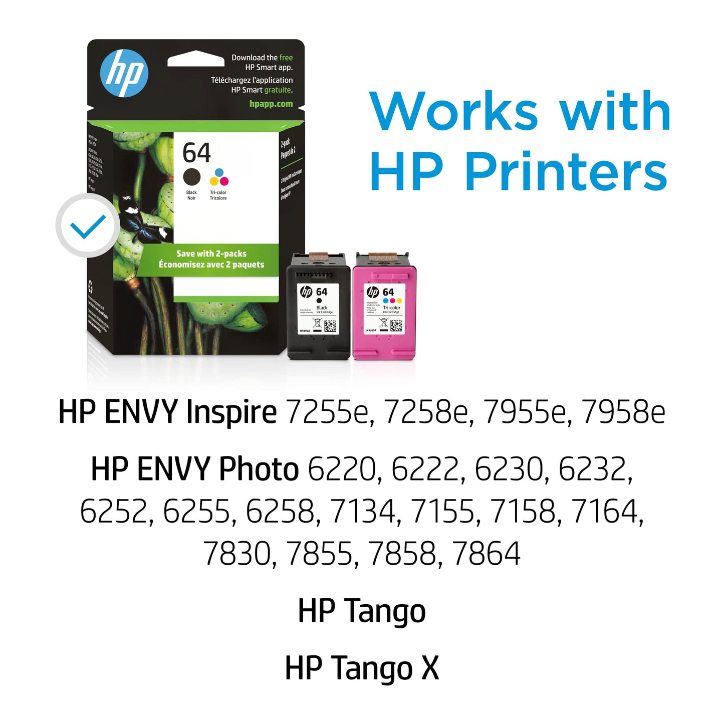 HP 64 Black & Tri-Color Ink Cartridges for HP Printers (Combo Pack) | Works with Printer Series: Inspire 7950e; ENVY Photo 6200, 7100, 7800; Tango | Eligible for Instant Ink | X4D92AN