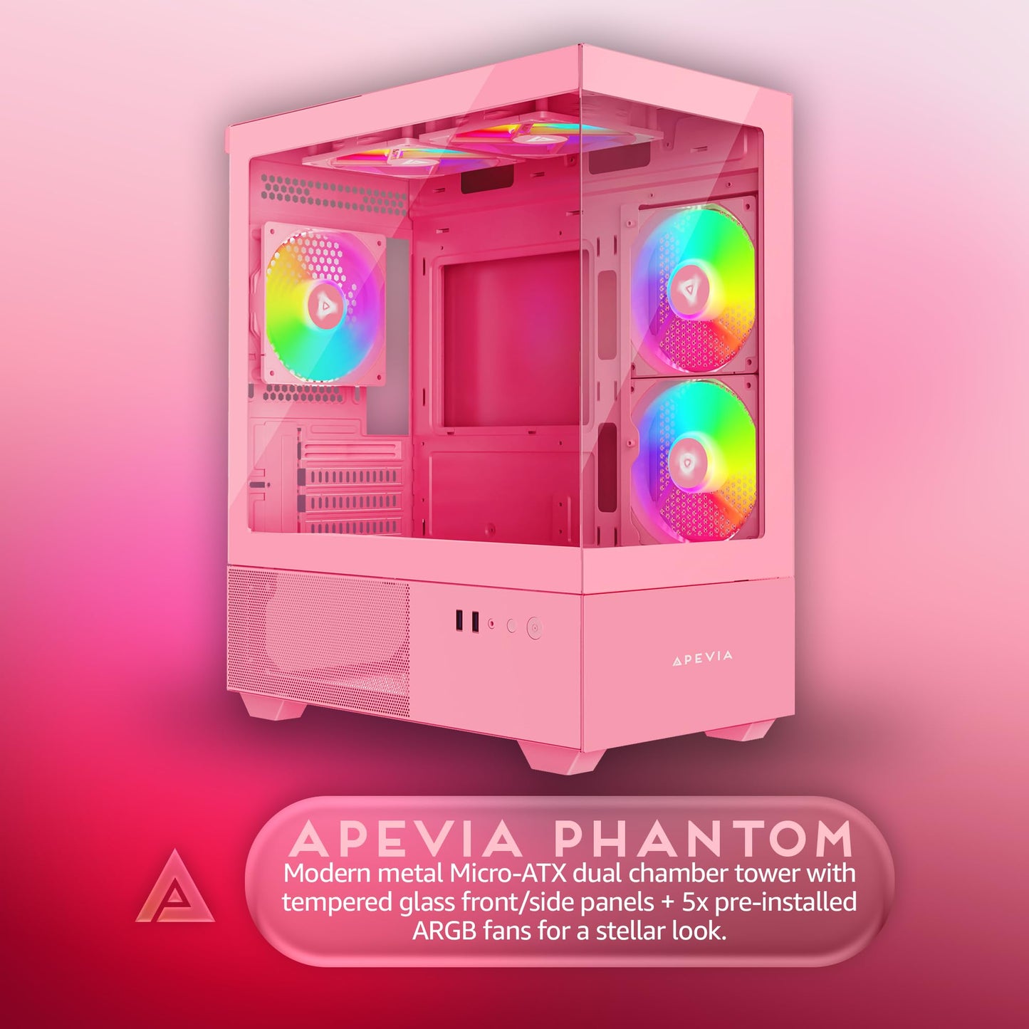 Apevia Phantom-PK Phantom Micro-ATX Dual-Chamber Gaming PC Case w/ 5X 120mm ARGB Fans, 366 RGB Modes, Dual Tempered Glass Panels, 240mm Radiator Support, 2X USB3.0, HD Audio Port, Pink
