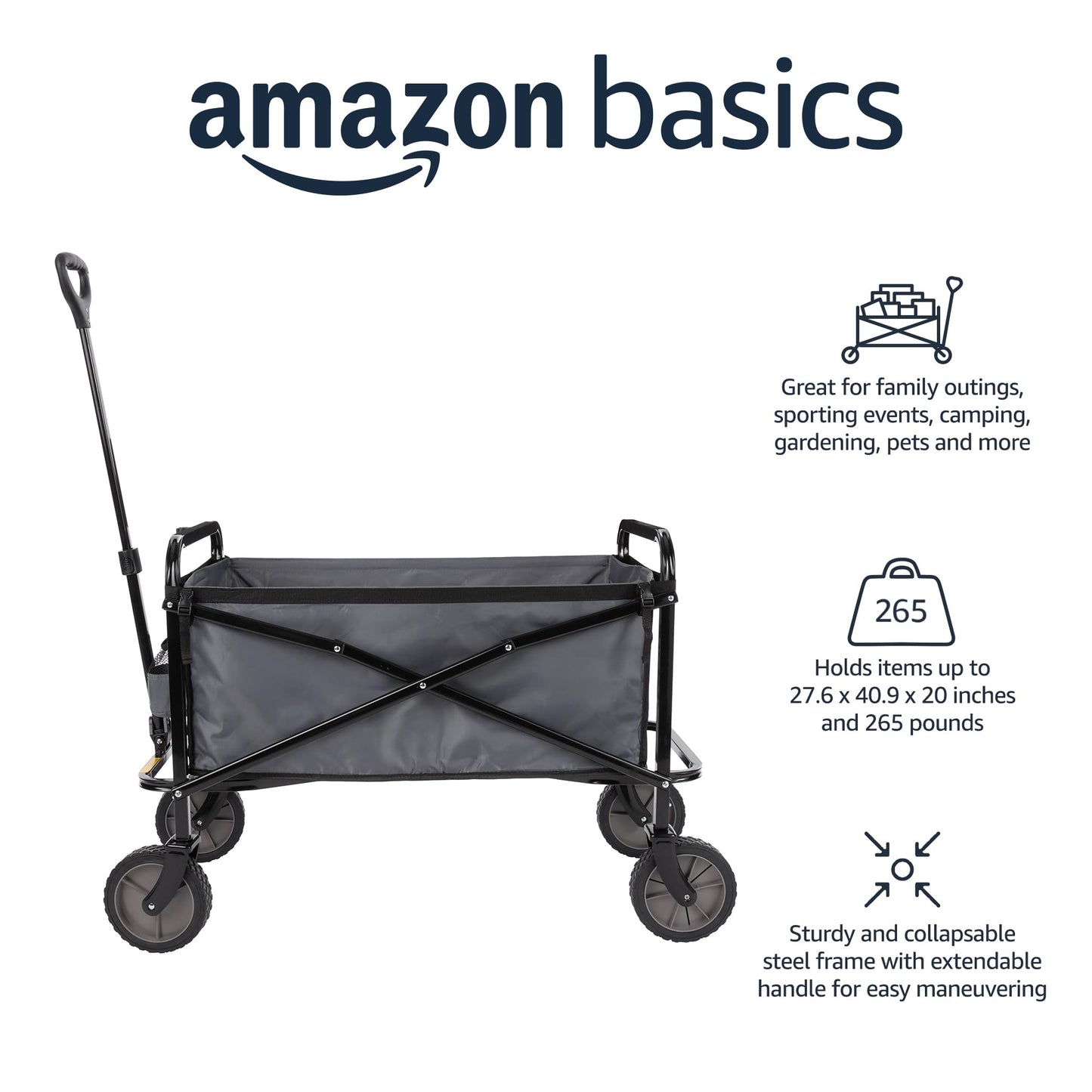 Amazon Basics Collapsible Folding Heavy Duty Utility Wagon for Outdoor Sports, 265 pounds Weight Capacity, Camping, Garden, and Shopping, 27.6 x 40.9 x 20 inches, Gray