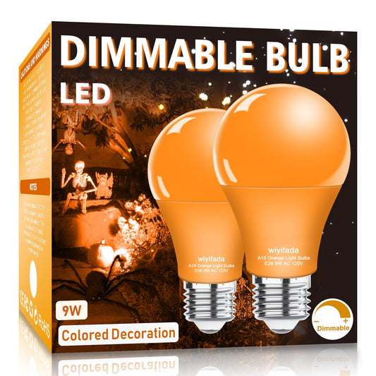 Wiyifada 2 Pack A19 LED Orange Light Bulbs,120V E26 Halloween Orange LED Lights 9W Replace up to 100W, Dimmable Colored Light Bulbs for Porch, Home Lighting, Party Decoration, Holiday Lighting