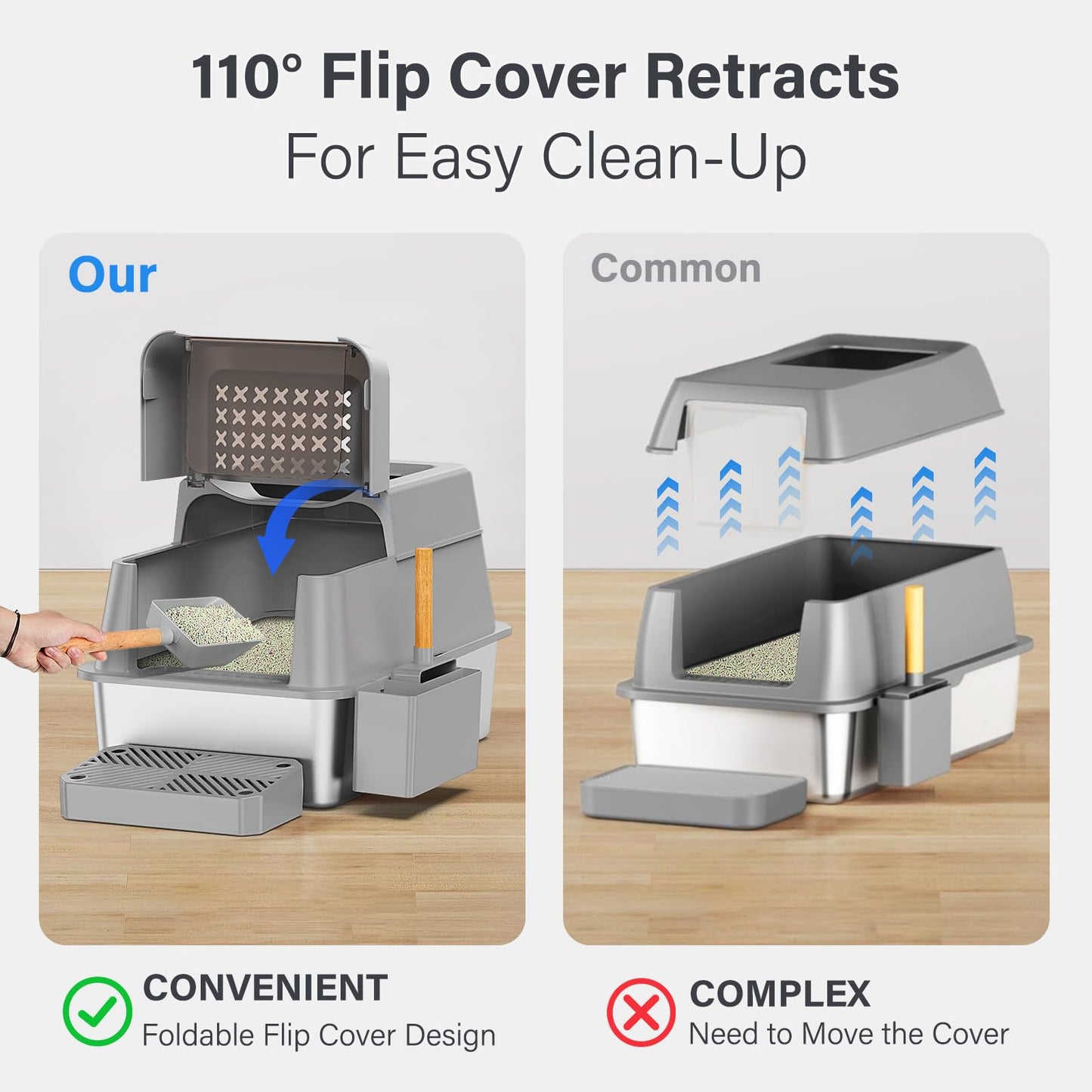 Aphyxen Stainless Steel Litter Box with Lid, XL Extra Large Enclosed Cat Litter Box for Big Cats 110° Flip Cover, Top Entry Metal High Sided Cat Box & Pedal & Scoop, Anti-Leakage (Grey)