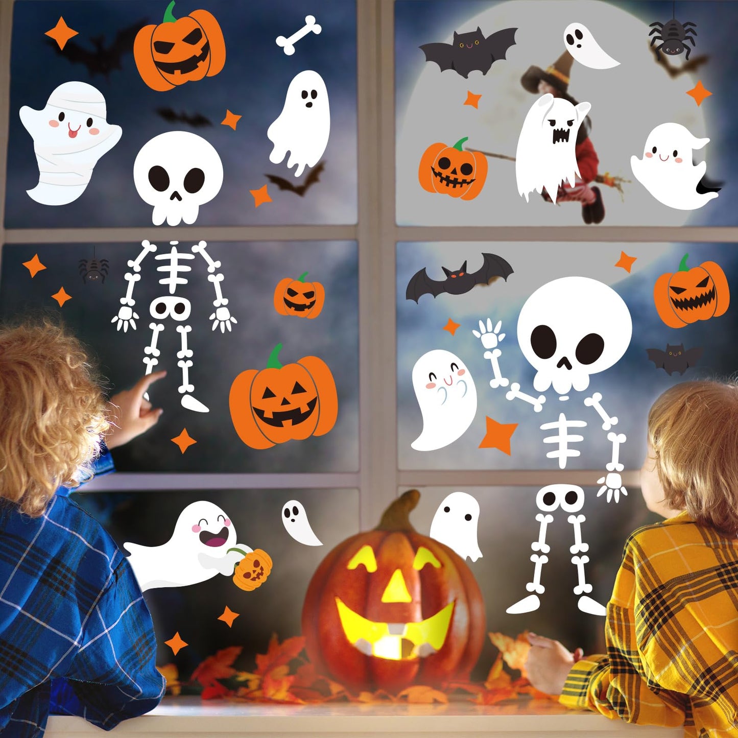 Whaline 9 Sheet Halloween Window Clings Cute Cartoon Ghost Pumpkin Skeleton Reusable Window Decals for Home Classroom Office Haunted Party Decor