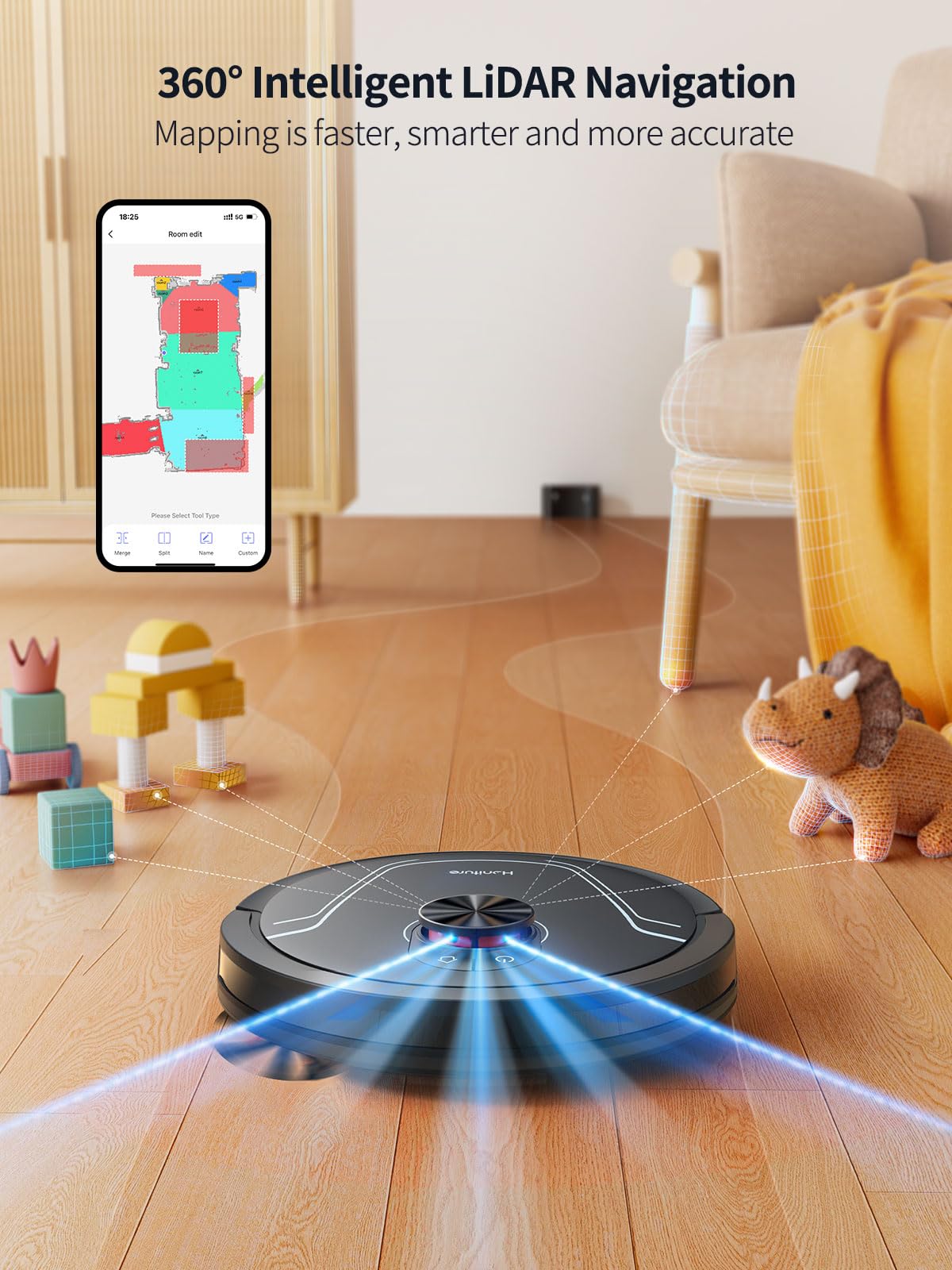 HONITURE Robot Vacuum and Mop Combo,V8 Pro Robot Vacuum Cleaner with 5000Pa Max Suction,Laser Navigator Robotic Vacuums with 180 Mins Run Time,Self-Charging,App Control,Ideal for Pet Hair