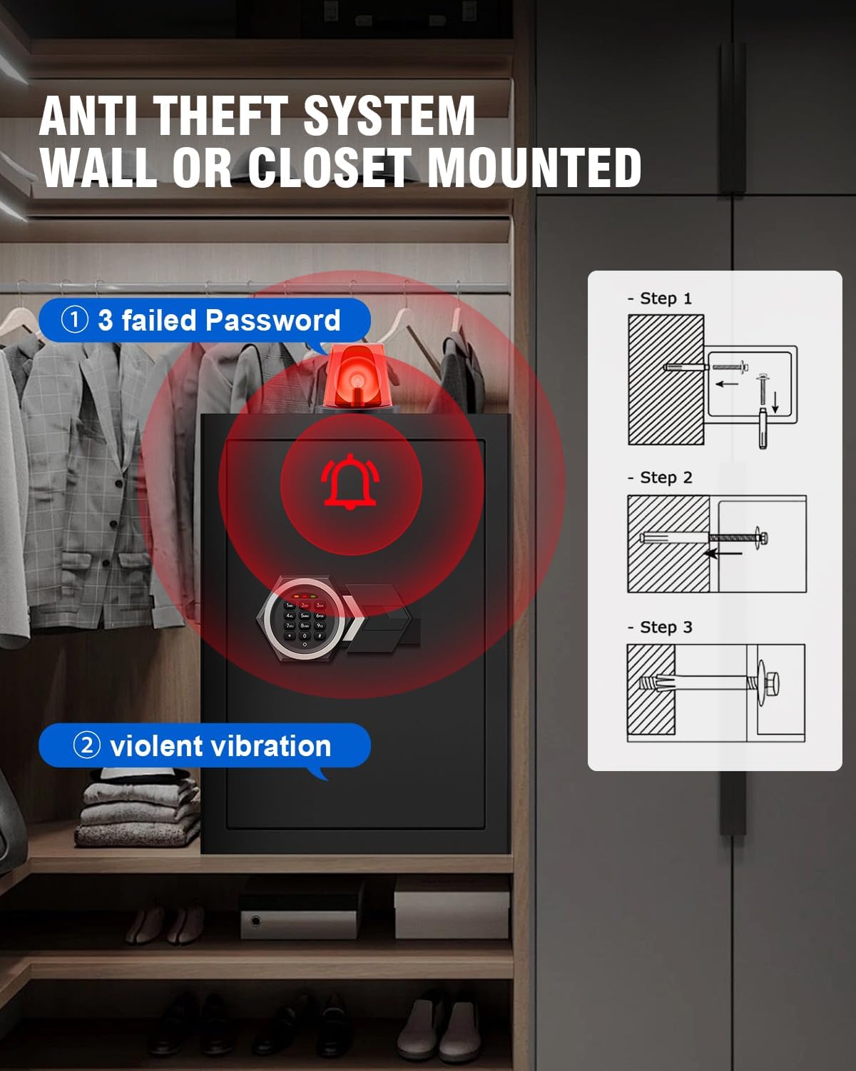 2.8 Cub Home Use Safe Box Fireproof Waterproof, Safety Box with Digital Keypad Sensor Light Key for Hotel Office Money Documents
