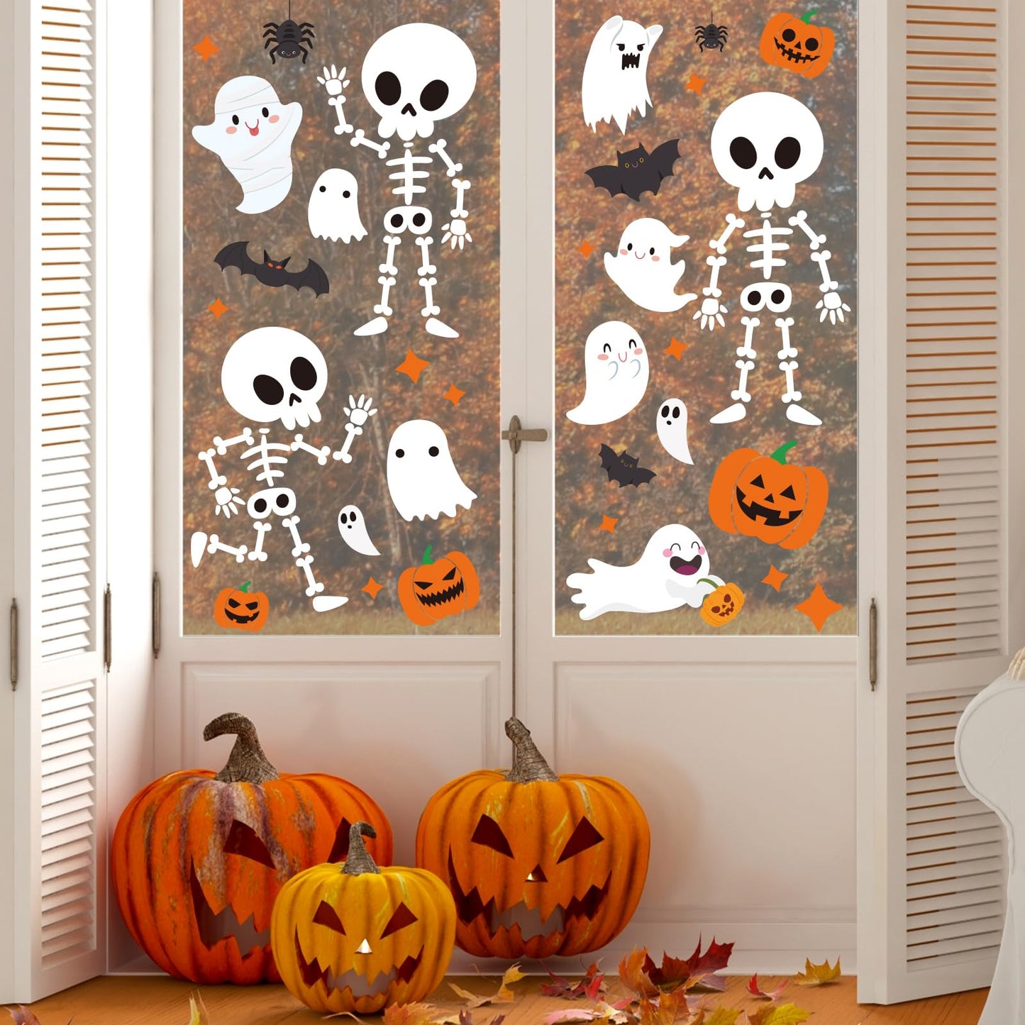 Whaline 9 Sheet Halloween Window Clings Cute Cartoon Ghost Pumpkin Skeleton Reusable Window Decals for Home Classroom Office Haunted Party Decor