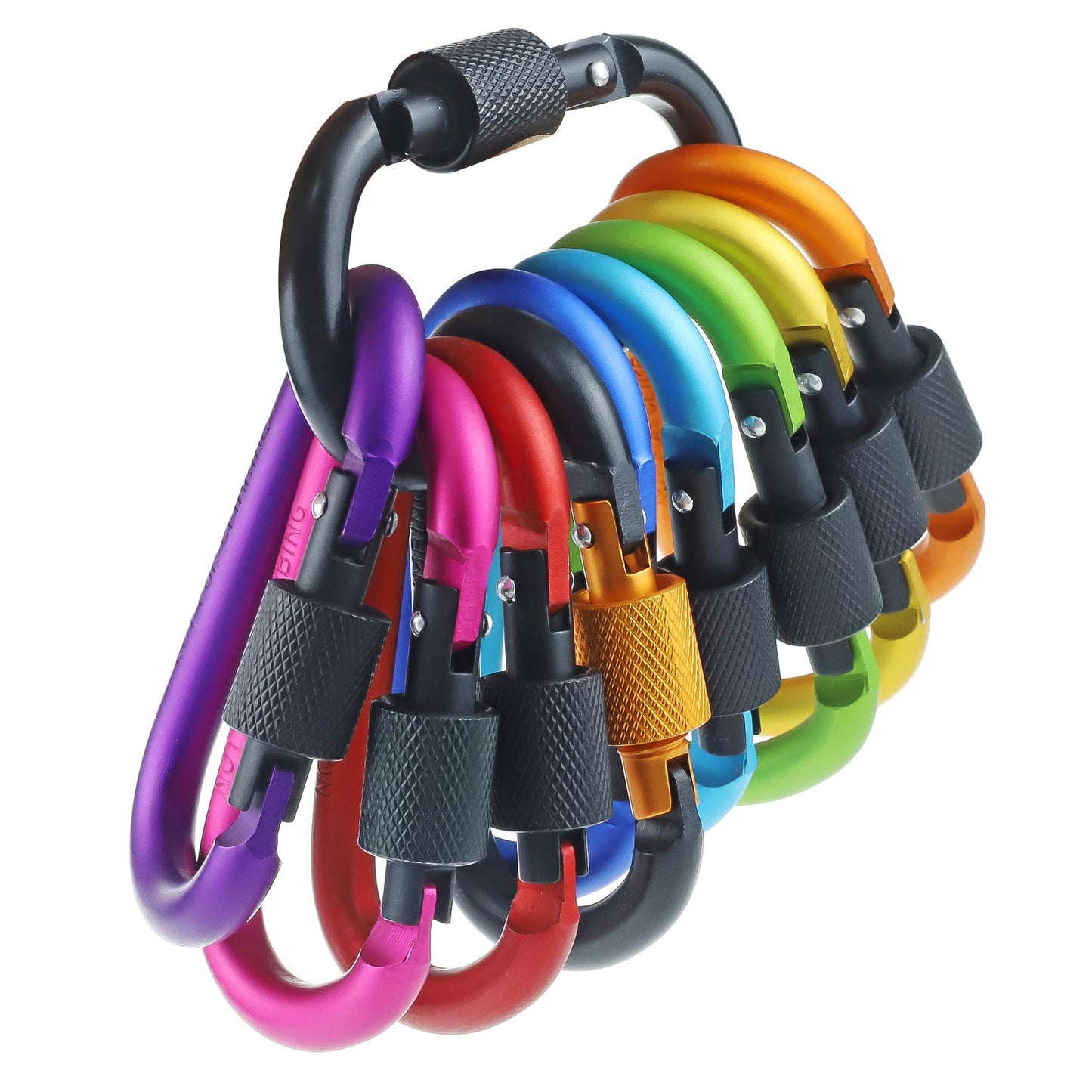 IEBUOBO 10 Pack Aluminum D Ring Key Rings Hiking Clips Locking Carabiner for Hiking Camping Fishing and Outdoor Use,Clips with Screw Gate Multicolored