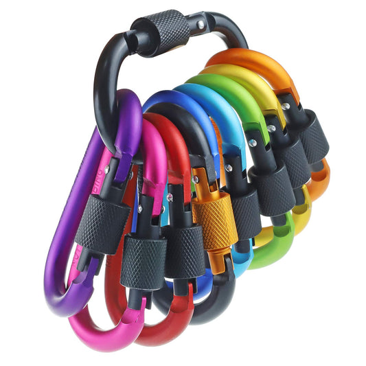 IEBUOBO 10 Pack Aluminum D Ring Key Rings Hiking Clips Locking Carabiner for Hiking Camping Fishing and Outdoor Use,Clips with Screw Gate Multicolored