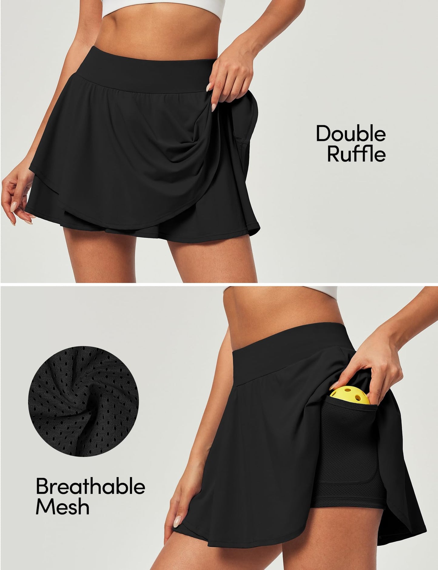 IUGA Tennis Skirt Pleated Skorts for Woman Double Ruffle Golf Skirts for Women Skort with Pockets Tummy Control Athletic Black