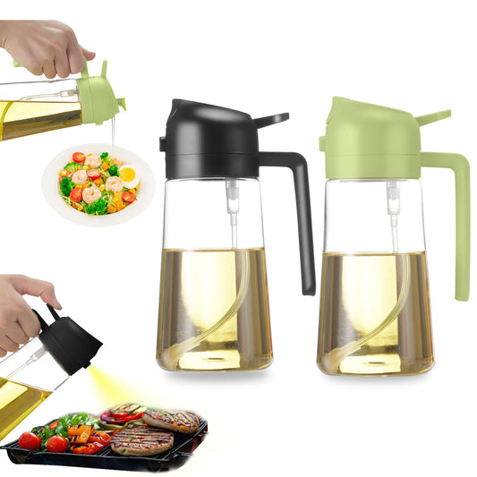 2-in-1 Oil Dispenser and Sprayer, Olive Oil Dispenser Bottle with Anti-Drip Spout, Oil Sprayer, For Salads, Air Fryer, Frying, Barbecue Green+Black 470ML/ 15.8fl.oz(2pcs)