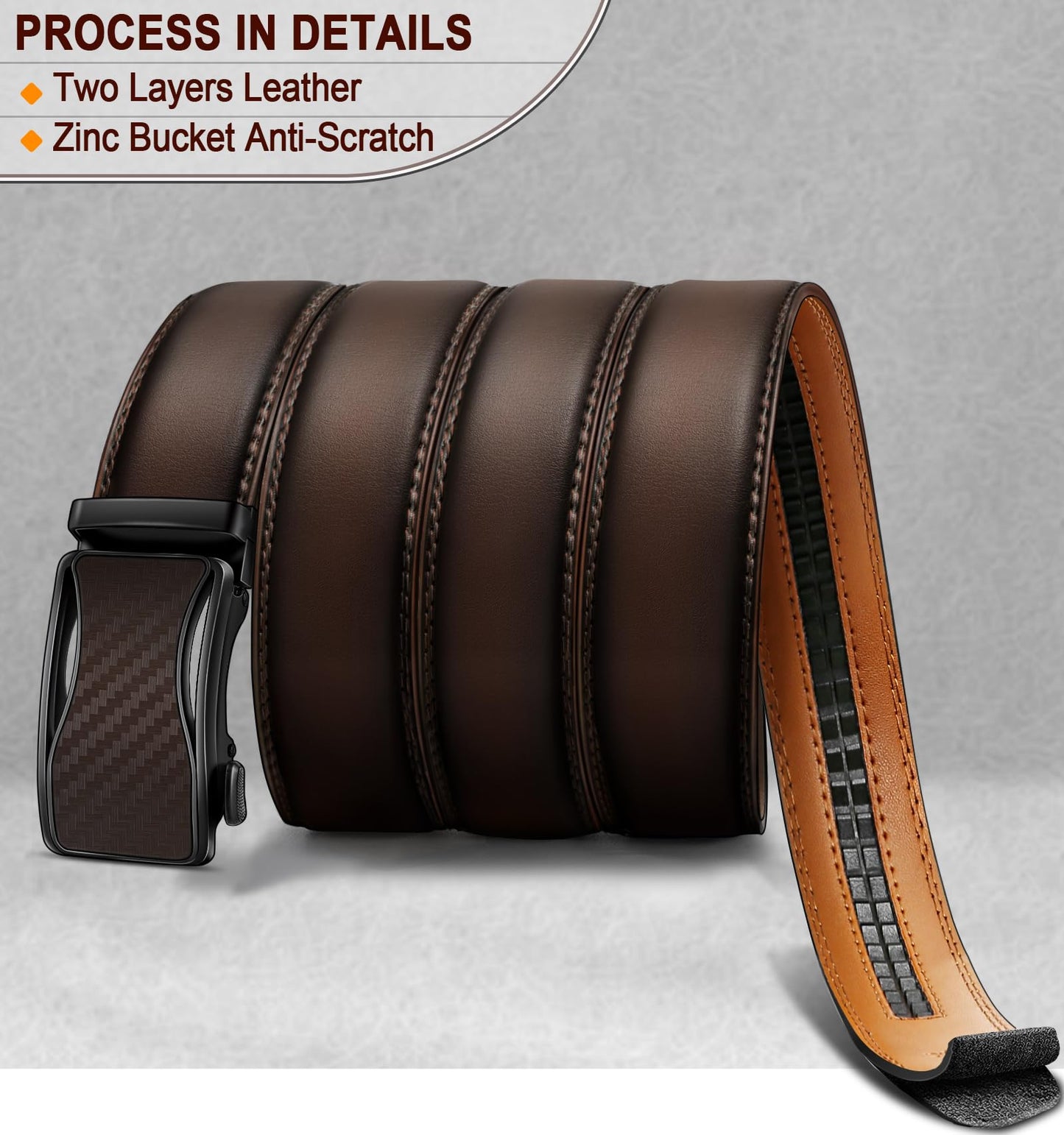 BULLIANT Mens Ratchet Belt,Leather Adjustable Slide Belt For Gift Mens Dress Casual 1 3/8",Size Adjustable(Deep Brown,32"-38" Waist Adjustable)