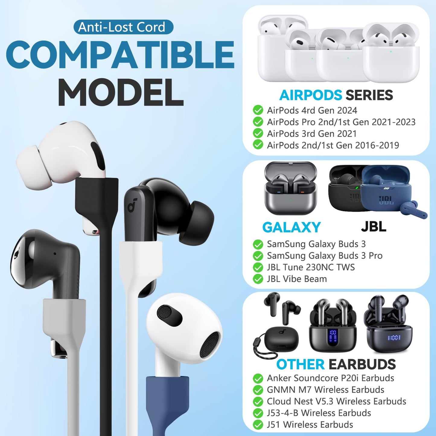 5 Pack Ultra Strong Magnetic AirPods Straps, Anti-Lost Cord for AirPods 4rd / AirPods Pro 1st and 2nd / AirPod 3rd /AirPod 1st and 2nd,Silicone Sports Lanyard and Ear Hook- 5 Straps + 2 EarHook