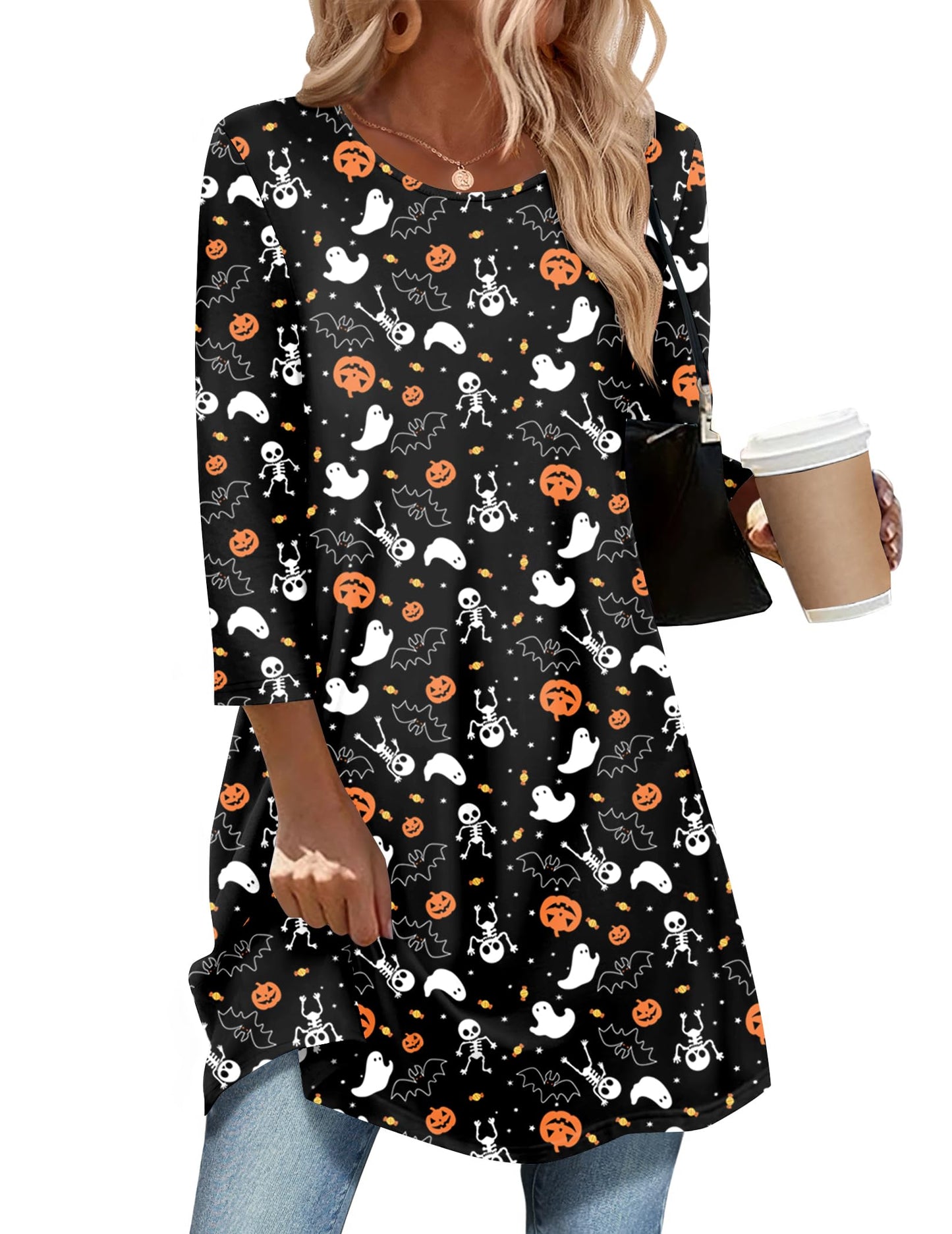 Zeagoo Halloween Pumpkin Shirt T-Shirt for Women Thanksgiving Funny Graphic Shirts Casual Autumn Tee Tops 3/4 Sleeve Tops Fall Outfits Clothes 2025 XXL