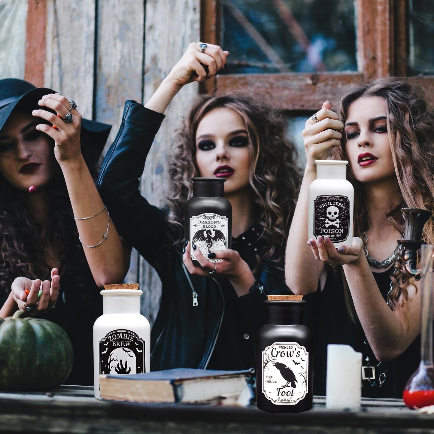 Ainswei Halloween Decorations Indoor, 4 Potion Bottle with Cork, 12PCS Label Halloween Stickers, Black and White Apothecary Glass Bottles, For Tiered Tray Table Home Room Halloween Decor