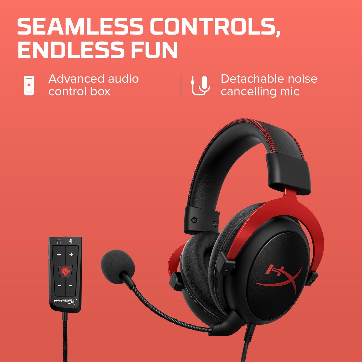 HyperX Cloud II - Gaming Headset, 7.1 Surround Sound, Memory Foam Ear Pads, Durable Aluminum Frame, Detachable Microphone, Works with PC, PS5, PS4, Xbox Series X|S, Xbox One – Red