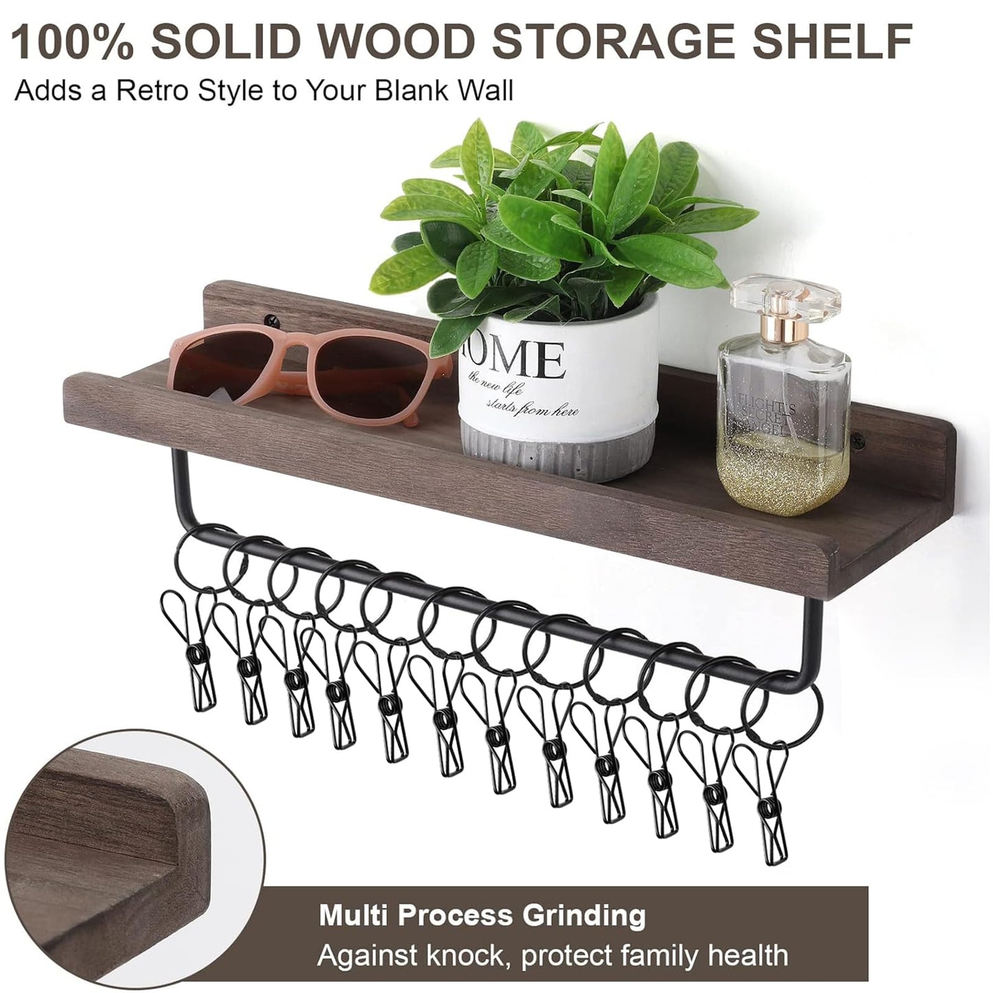 HYDERMUS Hat Rack for Wall with Shelf for 24 Baseball Caps Metal Hat Organizer with 12 Clips and 12 Hook Hat Holder Wall Mounted for Baseball Caps Trucker Hat and Others Hat Weathered Walnut