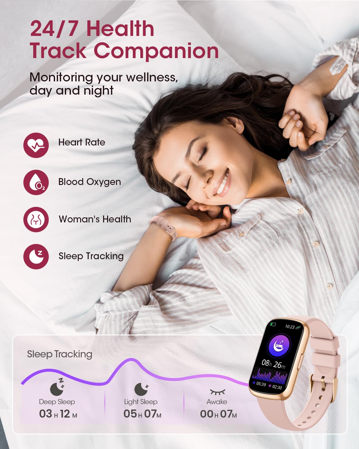 Health Fitness Tracker for Women Men: 24H Heart Rate Monitor Activity Trackers Blood Oxygen Sleep Step Calorie Tracking 5ATM Waterproof Fitness Smart Watches for Woman Compatible with iPhone Android
