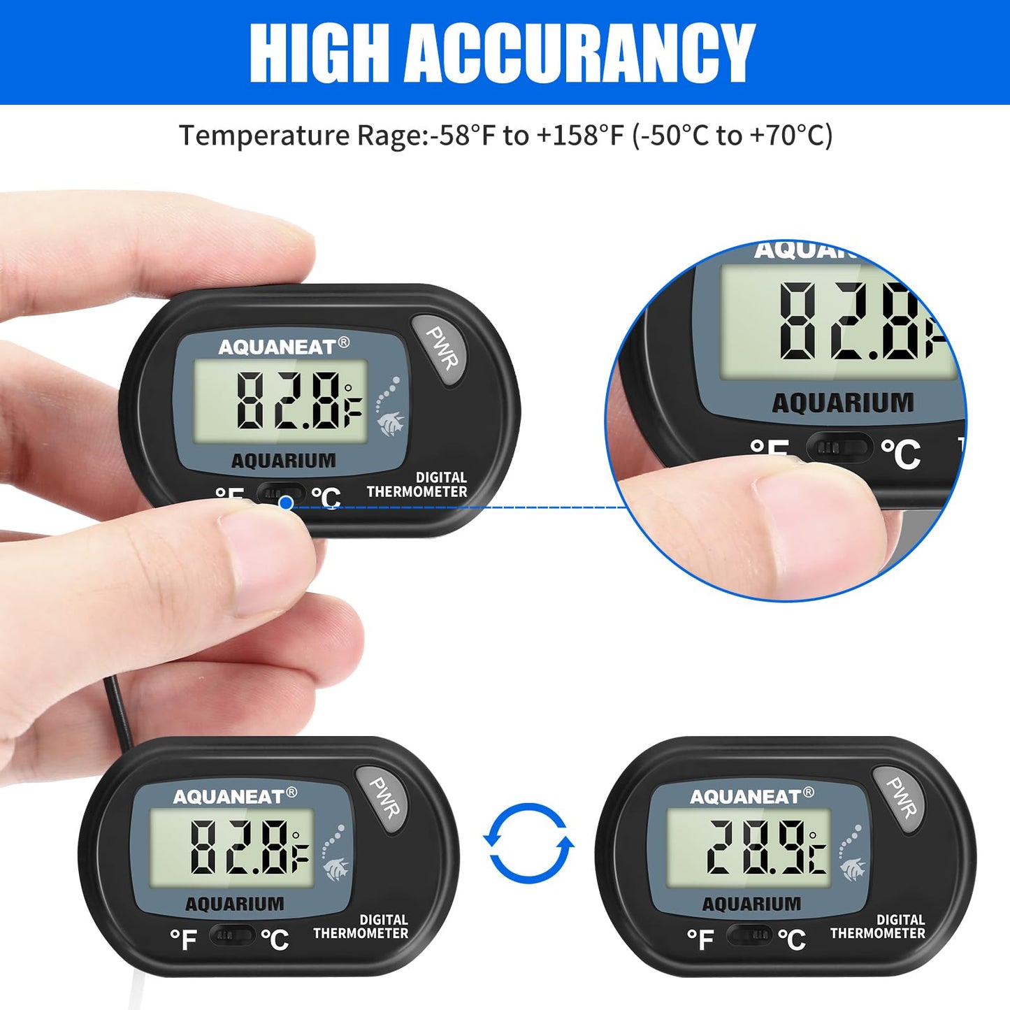 AQUANEAT Aquarium Thermometer, Fish Tank Thermometer, Digital Temperature Test, with Large LCD Display (1 Pack)