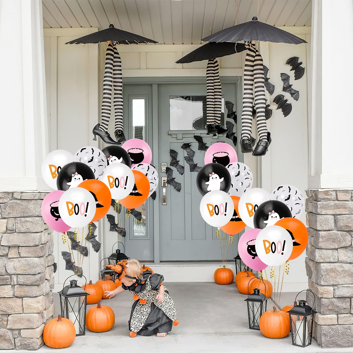 50Pcs Halloween Balloons Decor Girls Halloween Pink Orange Black White Latex Balloon with Ghost Witch Cauldron Bat Printed for Halloween Baby Shower Happy Boo Day Spooky One Two Spooky Party Supplies