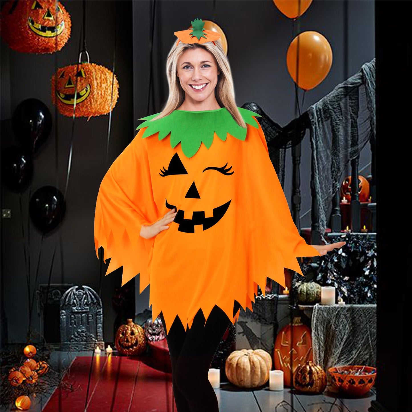 WISHTEN 3PCS Halloween Pumpkin Costume for Women,Pumpkin Poncho for Adults with Headband & Bag,Halloween Costume for Women