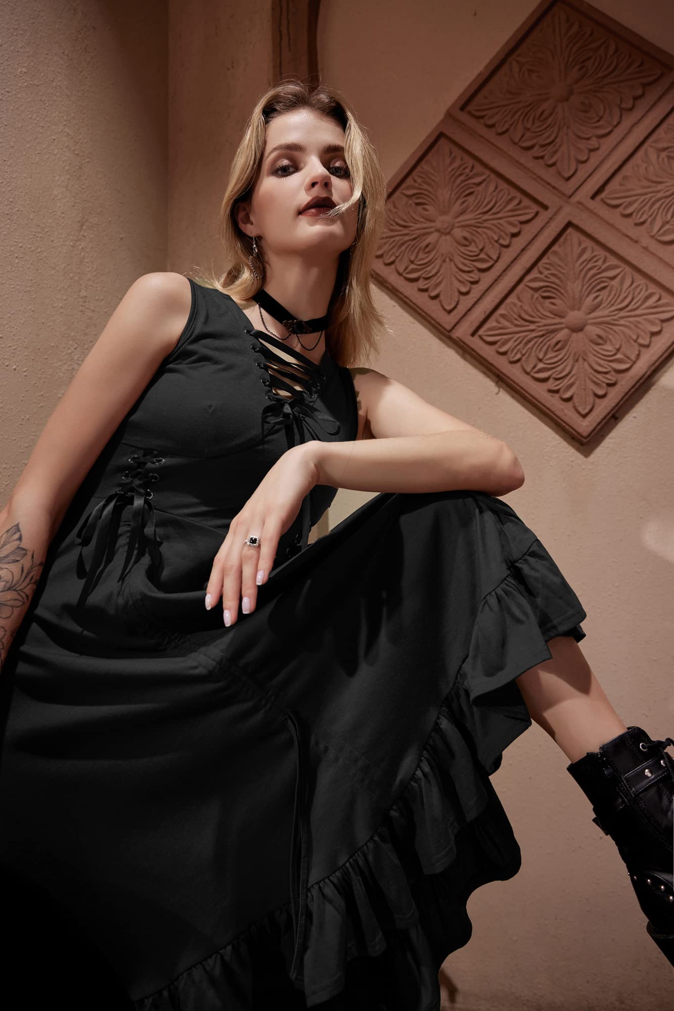 Women Steampunk Dress Lace Up V Neck Ruffle Hem Sleeveless Dress for Halloween Black M